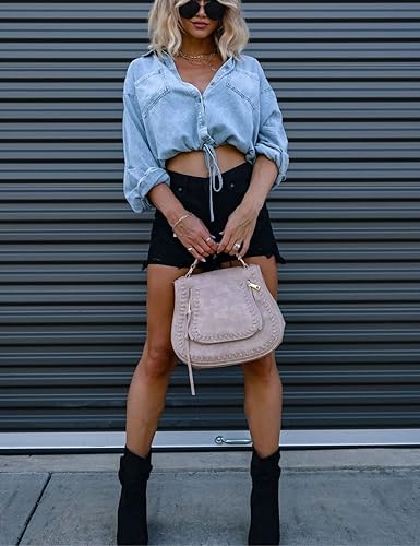 Miniatura 5 de Kwoki Camisa de Mezclilla Recortada para Mujer con Mangas Enrollables 34 Estilo Casual Holgada Crop Top con Cordón en el Dobladillo Botones