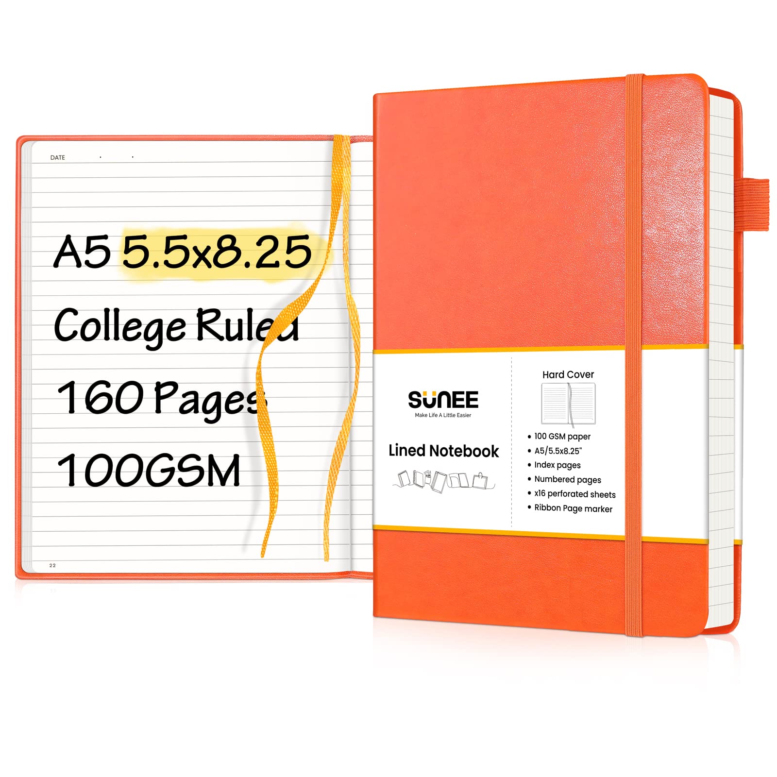 SUNEE A5 College Ruled Lined Journal Notebook with 160 Pages 5.5x8.25 Inches 100GSM Writing Paper, Hardcover Journal with Orange Vegan Leather Cover, Pen Loop and Numbered Sheets