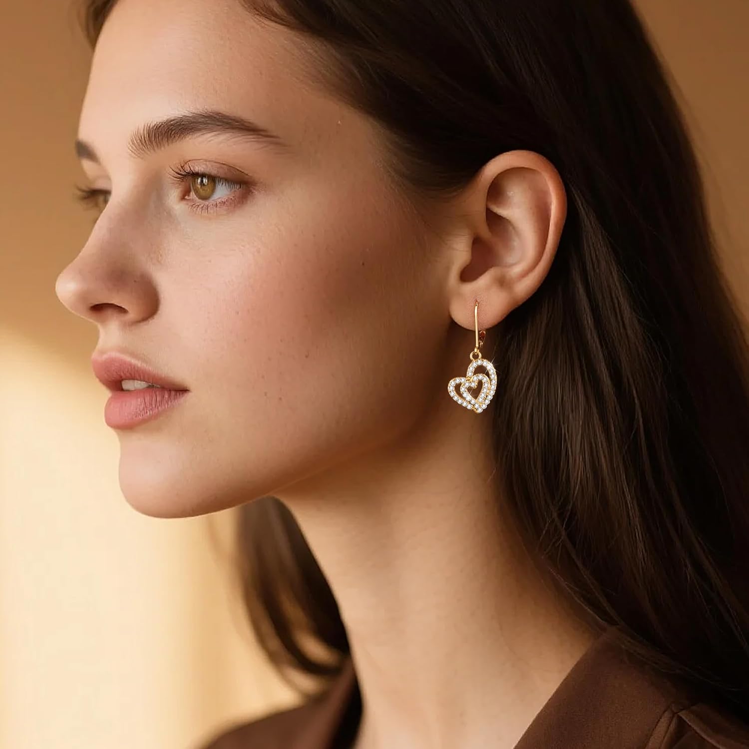 ALEXCRAFT 925 Sterling Silver Heart Leverback Earrings for Women Trendy, Cubic Zirconia Drop Dangle Earrings Jewelry 14K Gold Plated Hypoallergenic Doulbe Love Heart Leverback Dangle Earring - Image 2