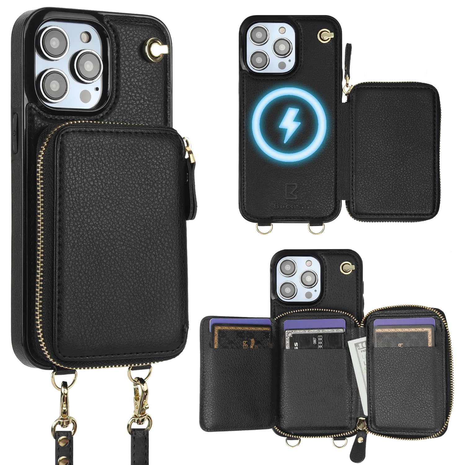 Bocasal for MagSafe Crossbody Wallet Case Compatible with iPhone 14 Pro Max, RFID Blocking Protective Purse Case with Card Slots Holder Kickstand Wrist Strap Lanyard Zipper 6.7 Inch 5G (Black)