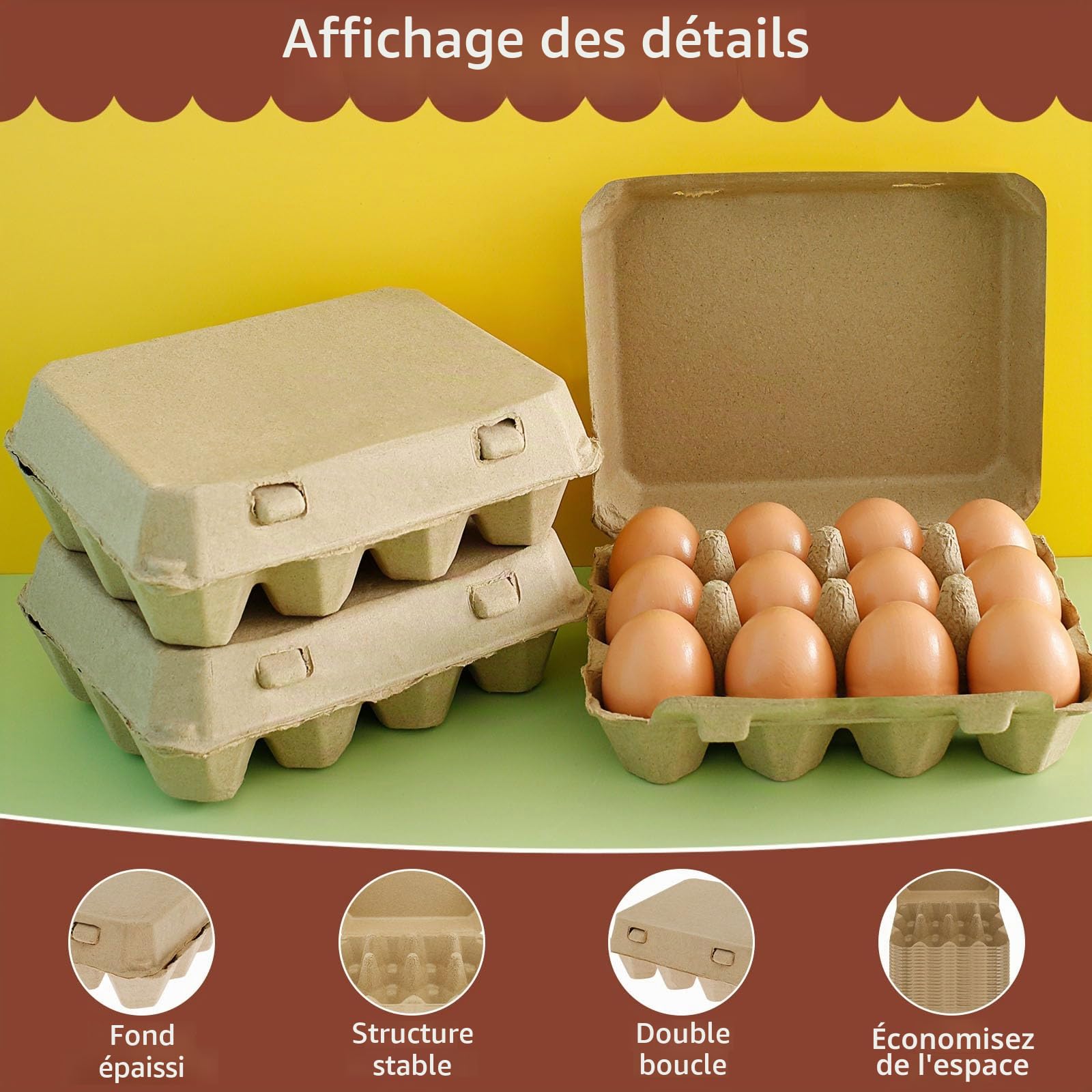 Lot de 30 cartons à œufs pour 12 œufs – Boîtes à œufs en carton réutilisables, empilables 7,6 x 10,2 cm, plateaux pour œufs en pâte à papier pour la ferme, le marché et la maison
