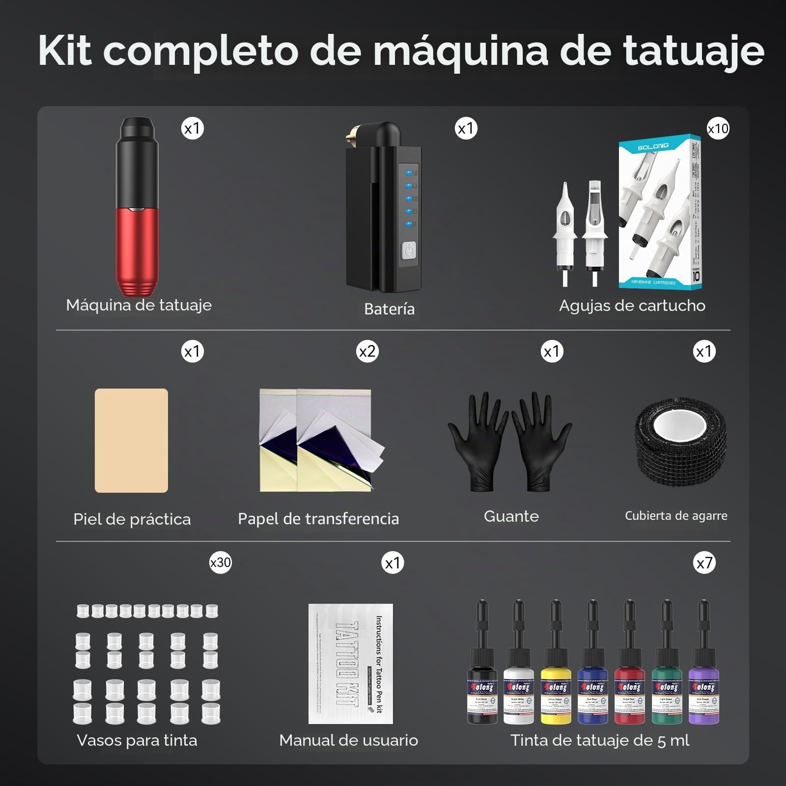 Solong Kit de Máquina de Tatuar SLP51KITEU-2 con 10 Cartuchos de Agujas, 7 Botellas de Tinta y Fuente de Alimentación de 1500mAh