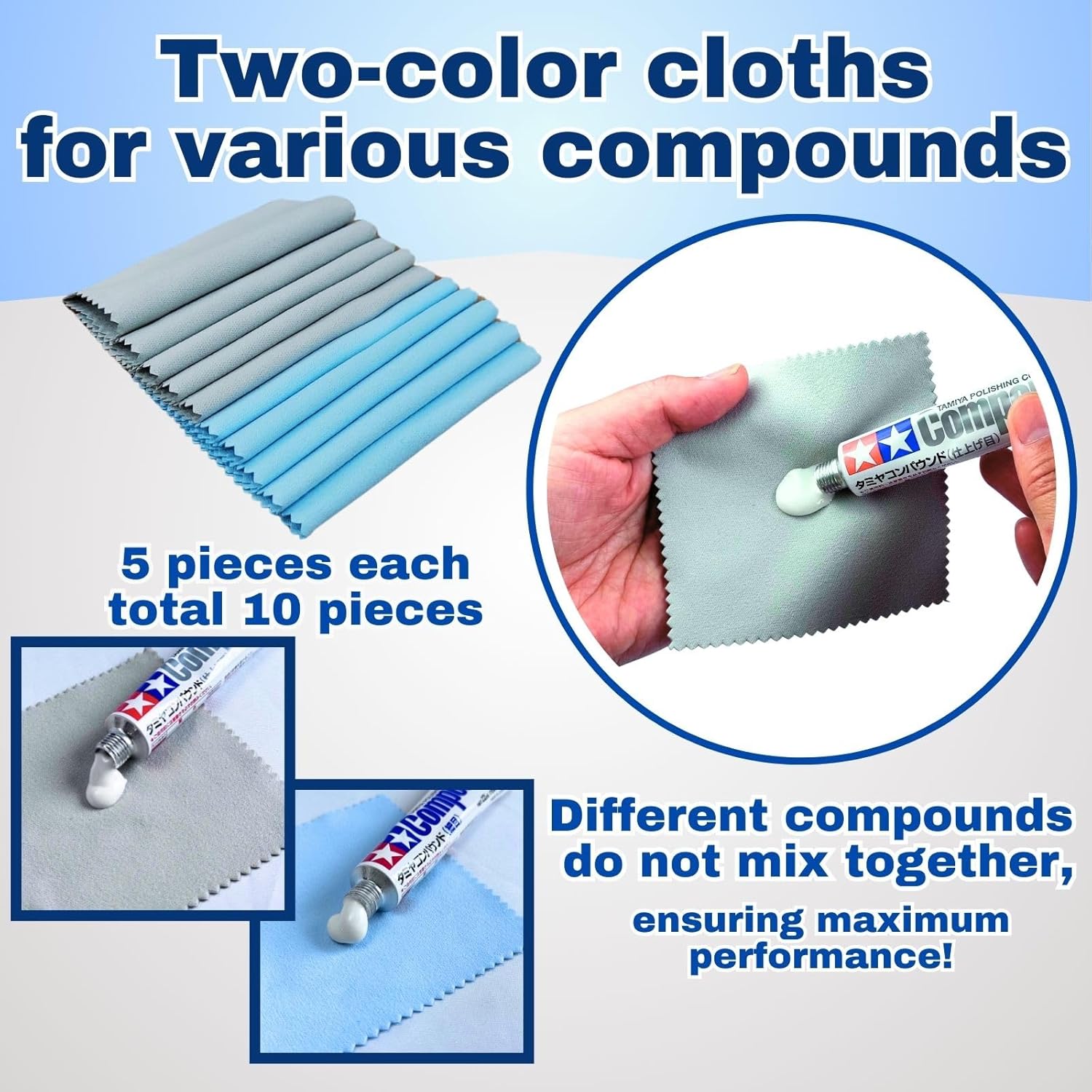 Tamiya Polishing Paste Fine Compound 87069＆Finishing Compound 87070＆Compound Applicator Cloths in Two Colors, 5 Sheets Each, Total 10 Sheets Set