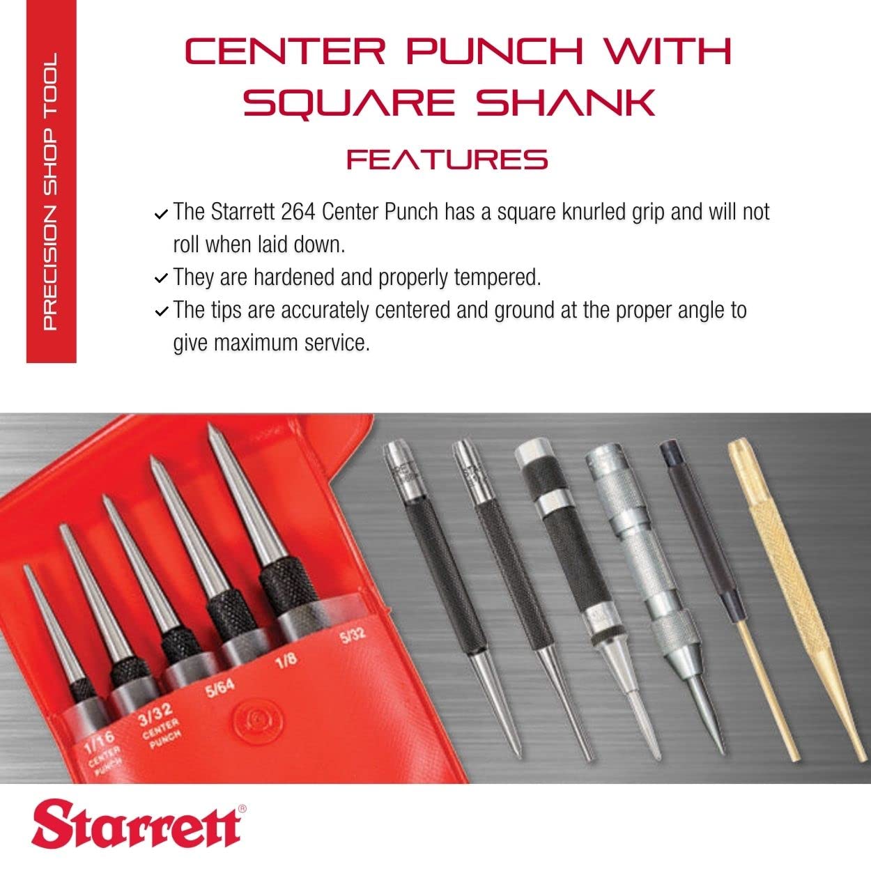 Starrett Steel Center Punch with Square Shank and Knurled Finger Grip - Hardened and Tempered, 5
