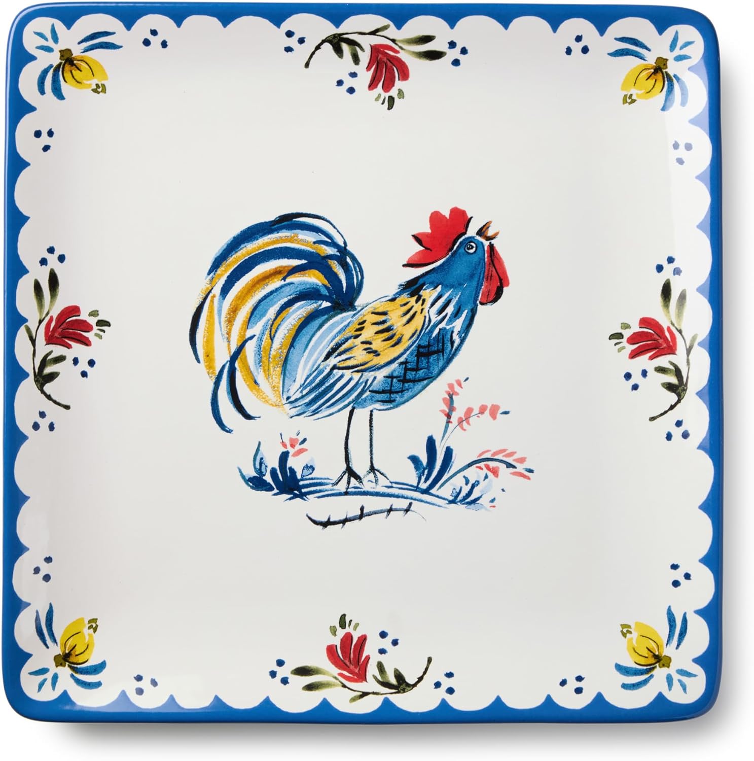 French Rooster Ceramic SQUARE PLATTER, 12.5 Inches, rustic farmhouse serving platter with cobalt trim and classic rooster motif, ideal for appetizers, desserts, meats, holiday dining
