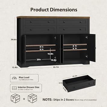 HOSTACK 55W Kitchen Buffet Sideboard Cabinet with 4 Storage Drawers, Black