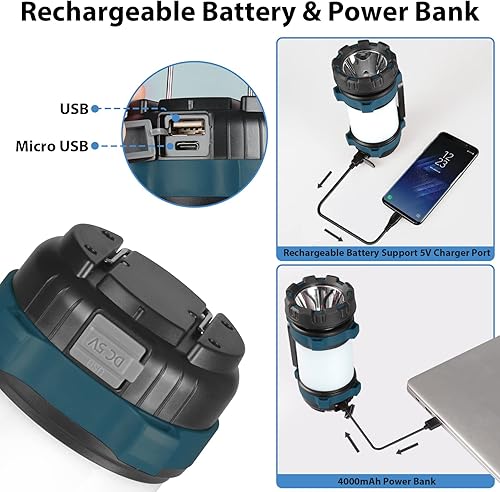 Miniatura 5 de Paquete de 2 linternas de campamento, luz LED para acampar al aire libre, linternas recargables con 1000 lm, 6 modos, banco de energía de 4000 mAh,