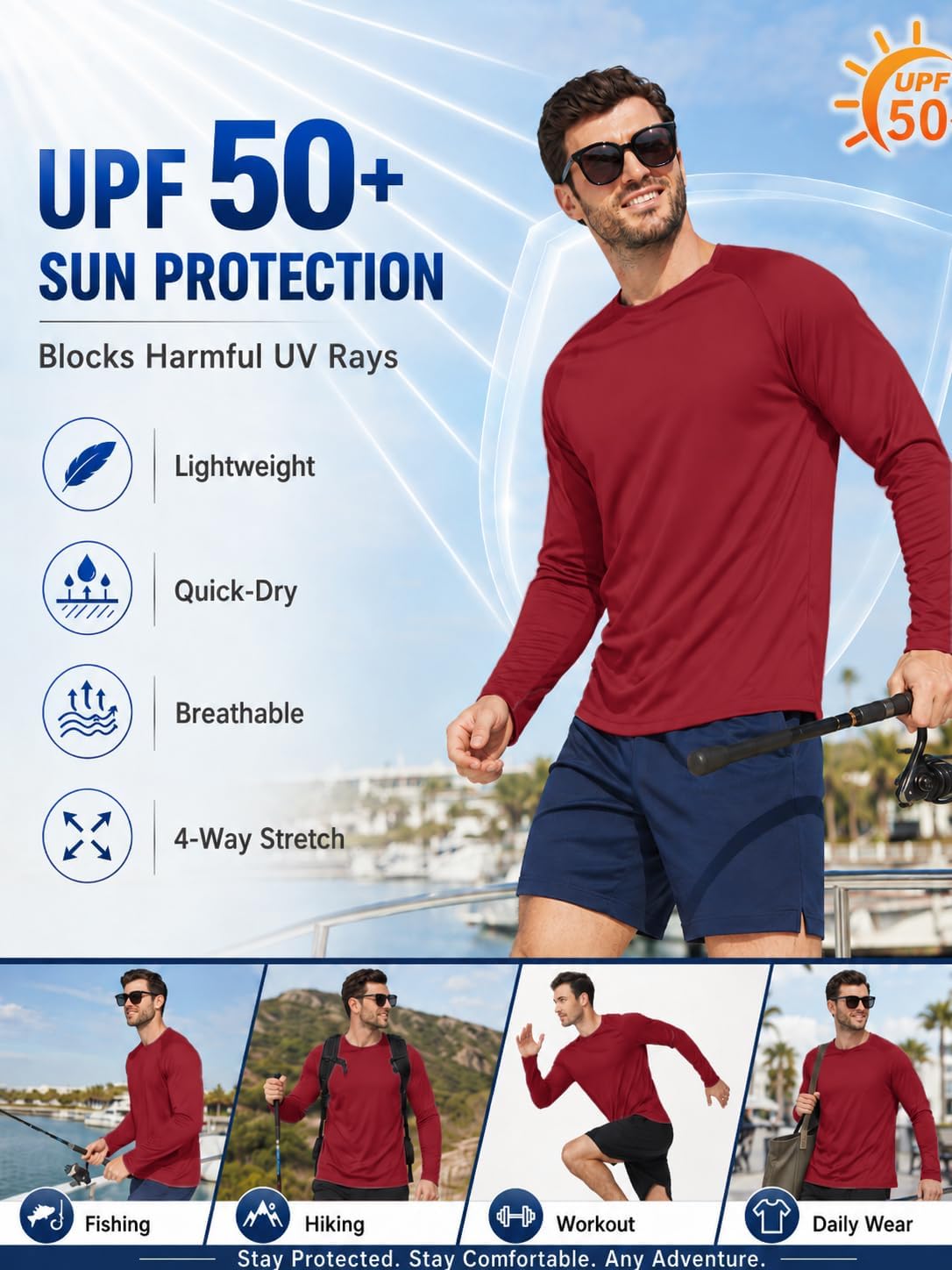 Mens Sun Shirt UPF 50+ UV Protection 5 Pack Long Sleeve Fishing Hiking Workout Shirts Fast Dry Athletic Shirts for Men