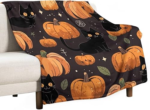 Manta de calabaza de gato negro de Halloween para otoño, Halloween, manta suave y cálida de 50 x 60 pulgadas, manta súper suave y acogedora para