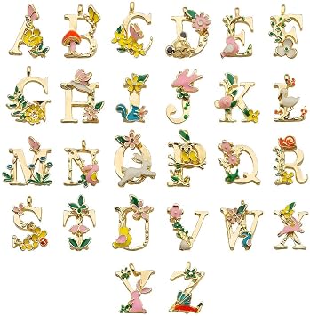 26pcs Enamel Metal Charms, Floral & Letter Alphabet Pendants, Garden Fairy Tale Princess Style Beads for Jewelry Making