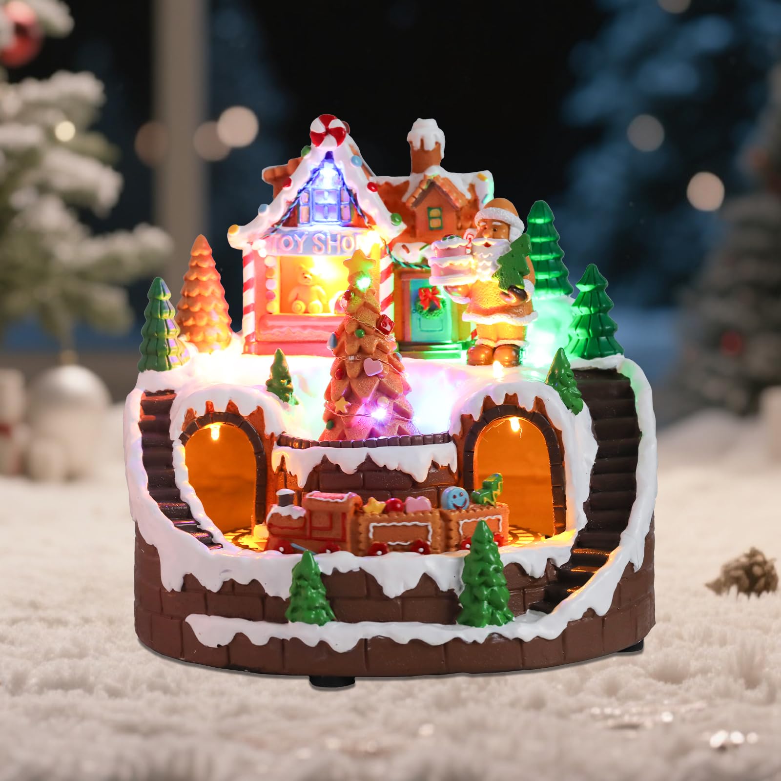 WONDER GARDEN Maisons de village de Noël en pain d'épices - Décoration de table de Noël - Bâtiments de collection avec musique et lumières LED pour décoration d'intérieur ou cadeau