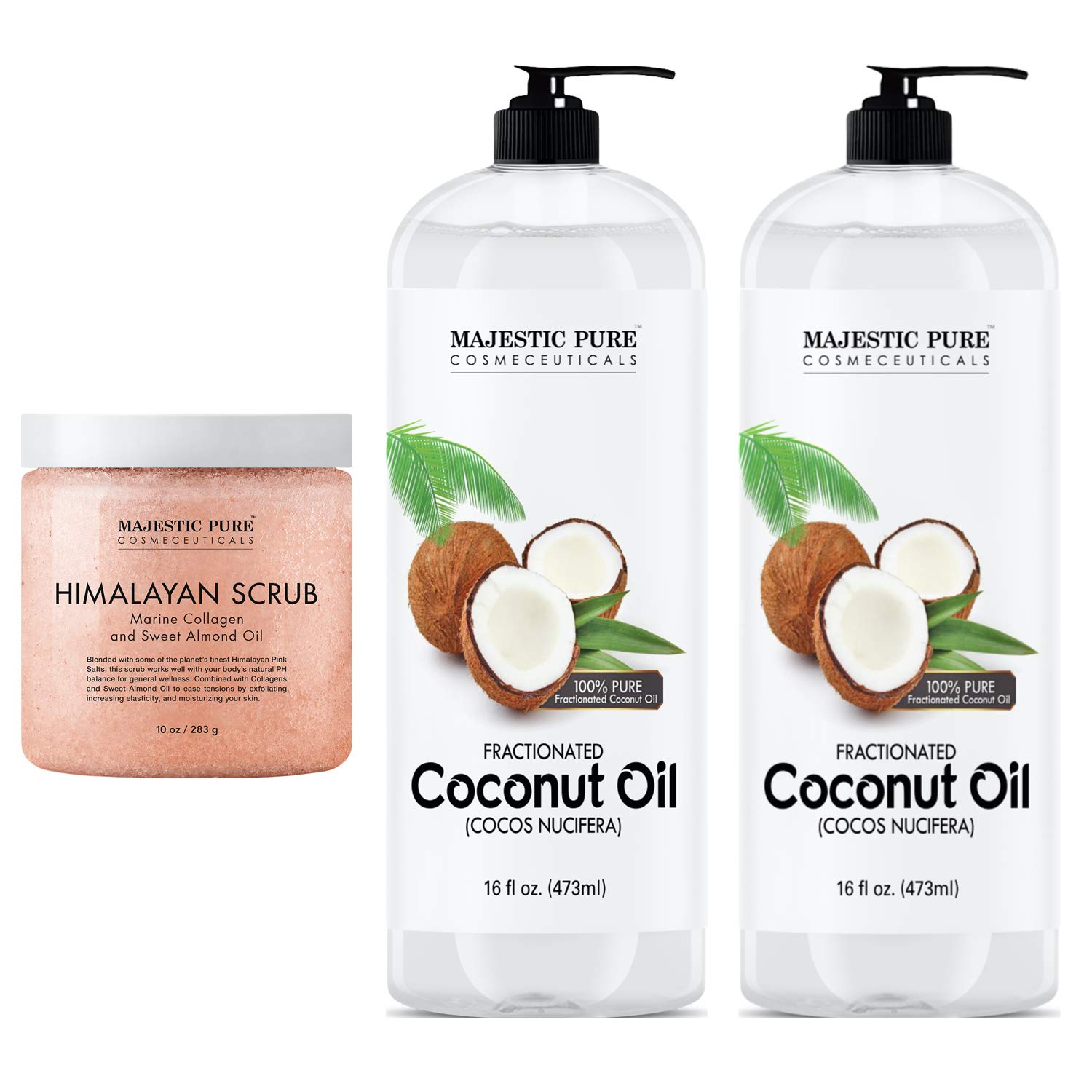 Majestic Pure Himalayan Scrub with Collagen (10 oz) and Fractionated Coconut Oil Twin Pack (16 floz x 2) Bundle