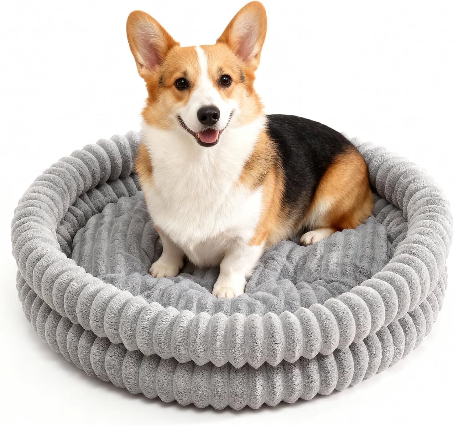 Dog Bed Medium Size Dog, Machine Washable Orthopedic Donut Cat Beds for Indoor Cats, Fluffy Round Pet Bed with Anti-Slip Bottom for Puppy and Kitten, Gray, 28″x28″x5″