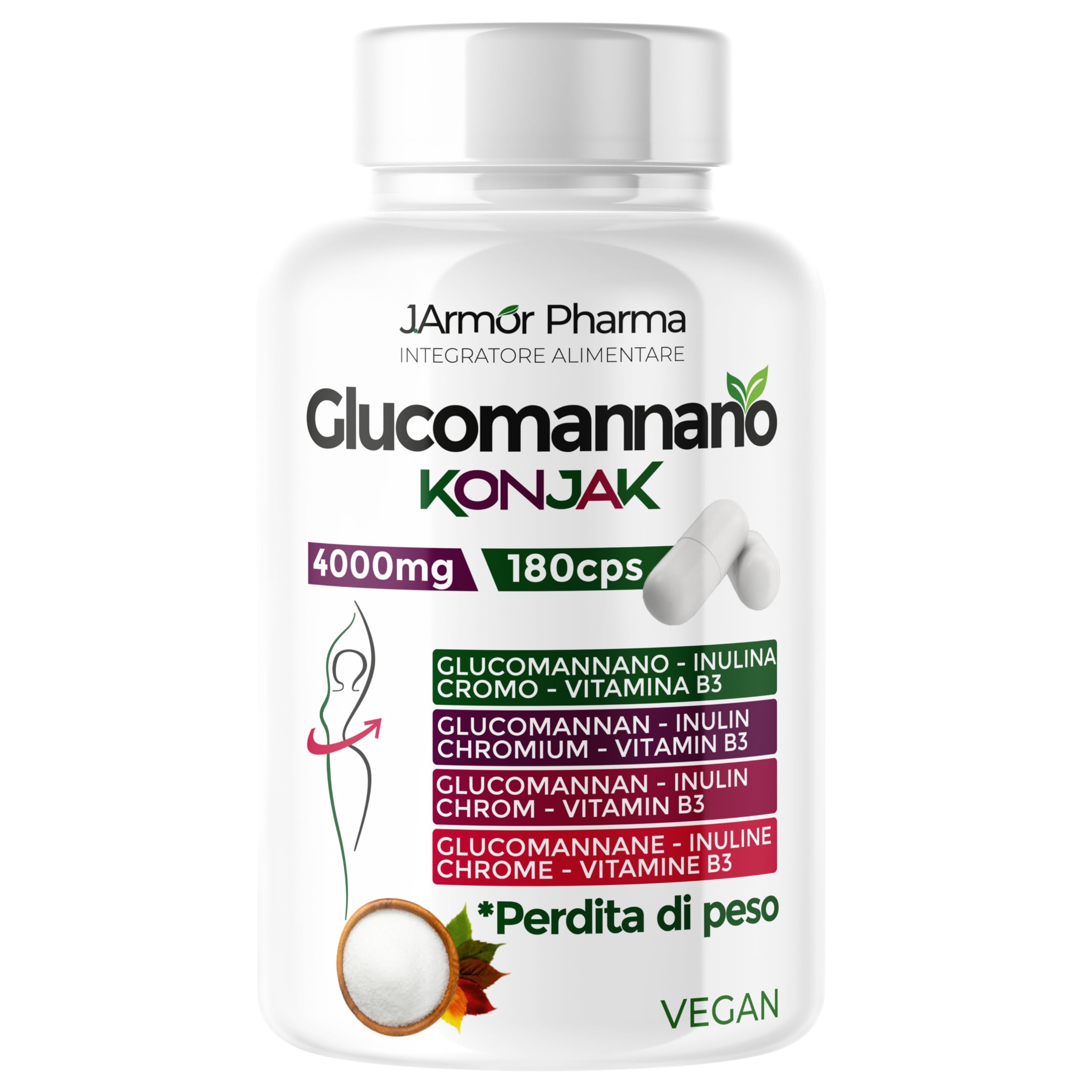 Glucomannano in Capsule con Inulina, Cromo e Vitamina B3 – Fibra Alimentare per Senso di Sazietà – 180 Capsule Vegane – J.Armor Pharma