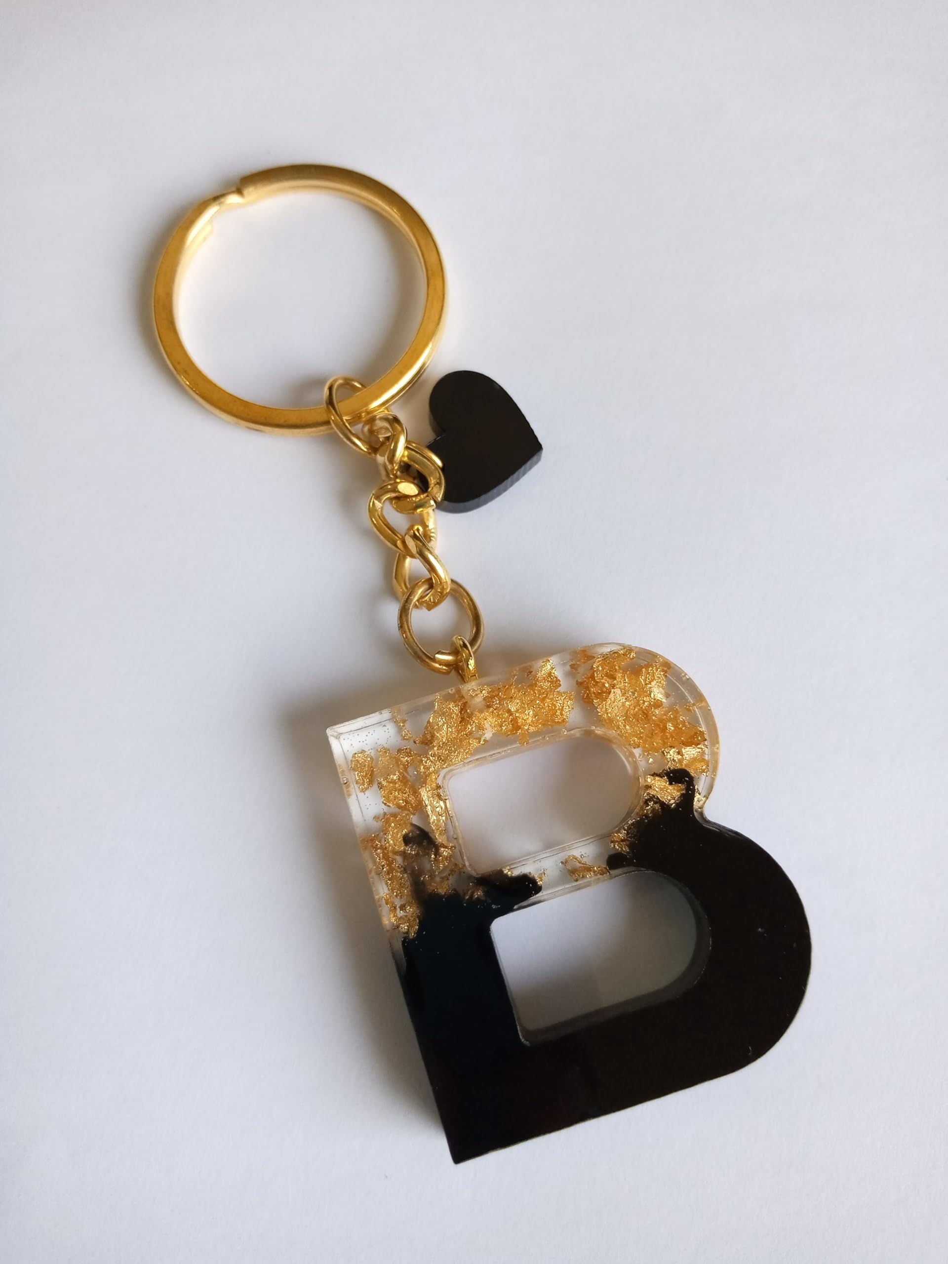 Elegant Black & Gold Resin Letter Keychain with Heart Charm –Perfect Personalized Gift for Loved Ones