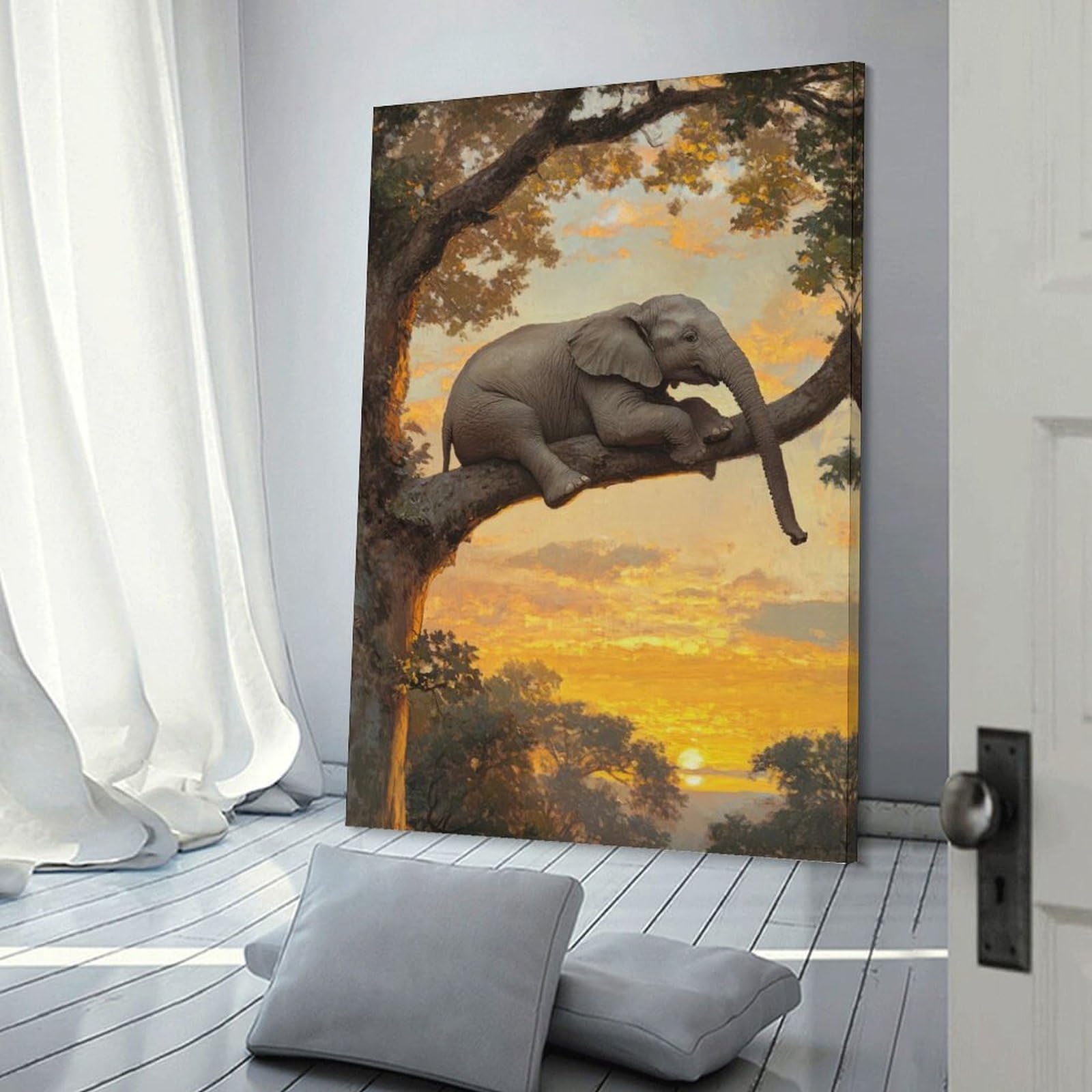 Junmoney Frame-Style-12 Decorative Wall Artwork Elephant In Tree At Sunset, 08X12inch(20X30cm), For New Homes, Bedrooms Or Workspaces, Canvas Artwork With Gifting Potential