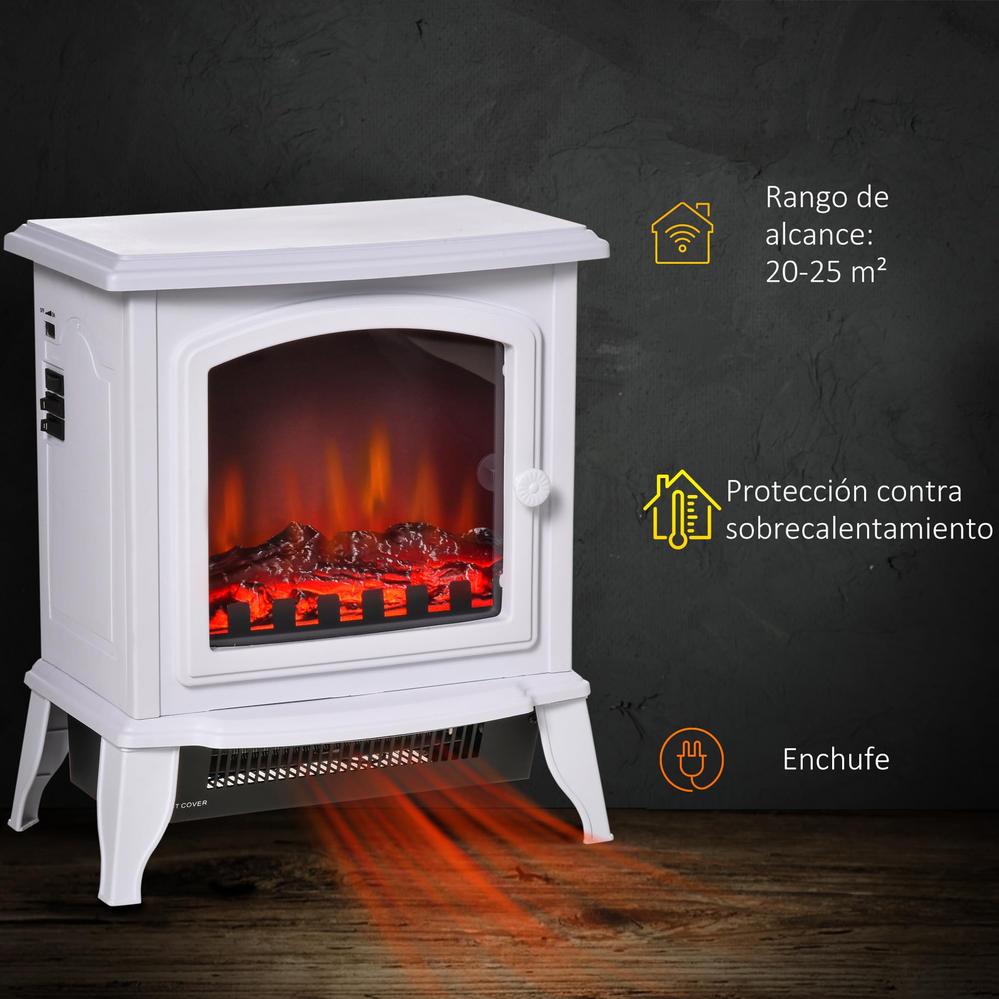 HOMCOM Chimenea Eléctrica de Pie 1000/2000W Chimenea Decorativa con Efecto de Llama Termostato Ajustable y Protección contra Sobrecalentamiento para Salas 20-25 m² 36,5x24x45,5 cm Blanco