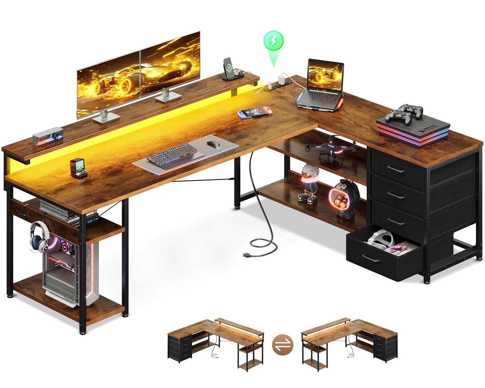 AODK 69" L Shaped Desk with Drawer, Computer Desk with Power Outlets & LED Lights, Reversible Corner Gaming Desks for Home Office Workstation, Office