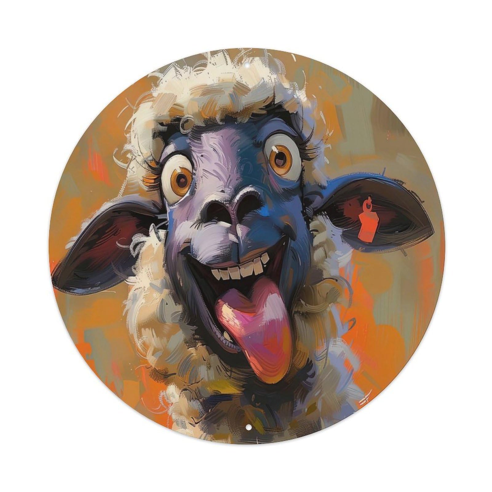 Animal Poster Mischievous Sheep Vintage Metal Tin Sign Plaque Wall Decor for Cafe, Club, Garden Round Metal Poster 8x8Inch