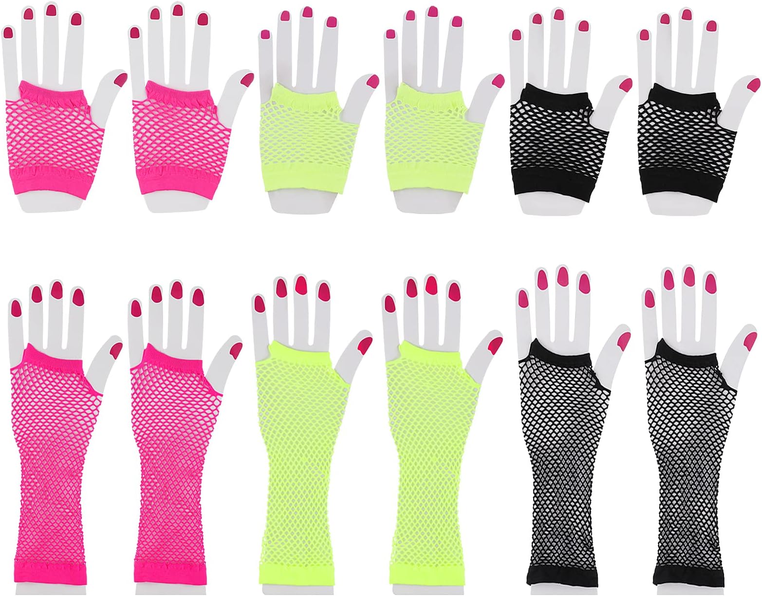 Yolev6 Pairs Fingerless Mesh Neon Gloves for Women and Girls - 80s 90s Fishnet Long and Short Net Mesh for Cosplay Costumes Halloween Party Accessories