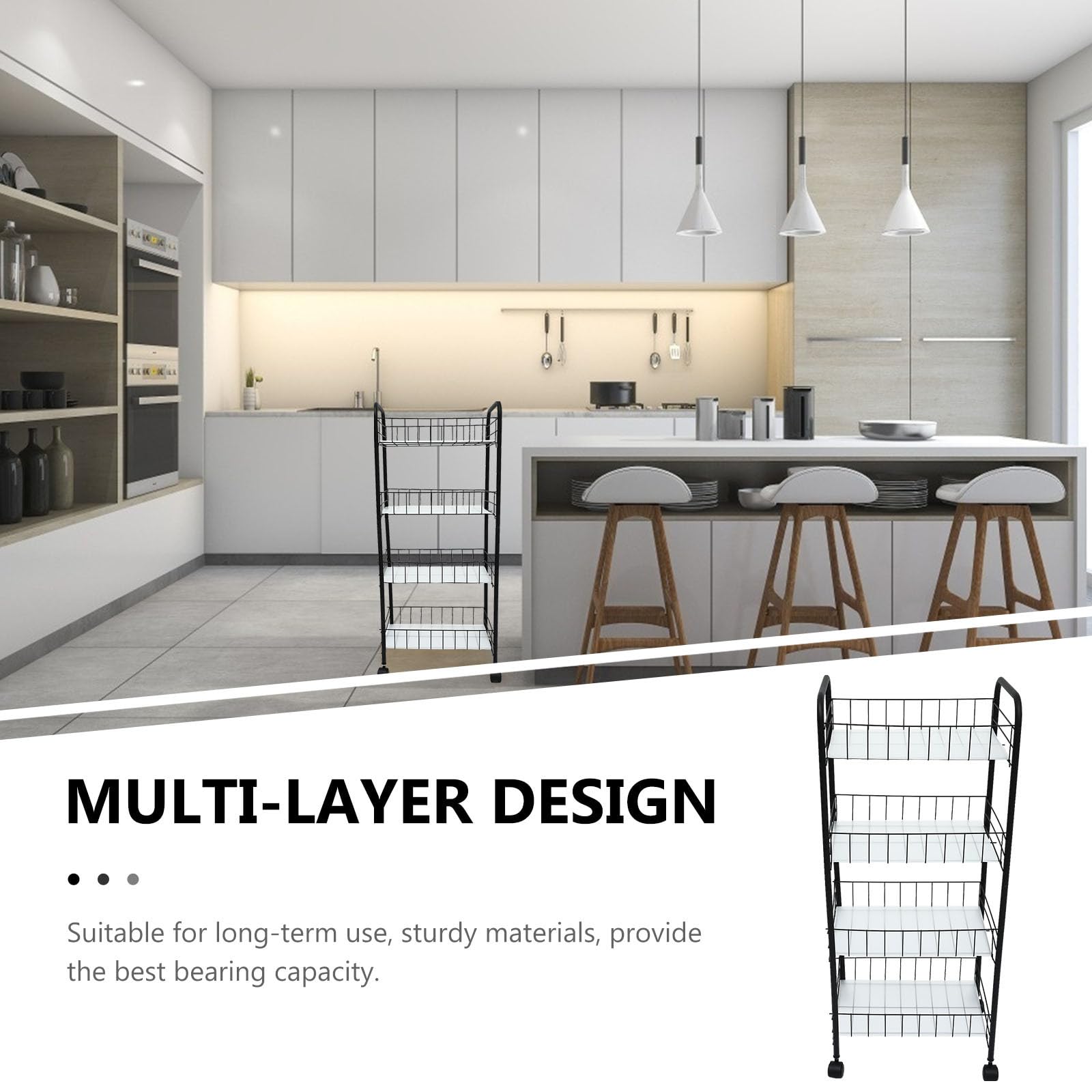 Carrito de Almacenamiento Negro Diseño Multicapa, Ruedas Freno, Gran Capacidad para Cocina y Baño, Estante Móvil Práctico de Abs