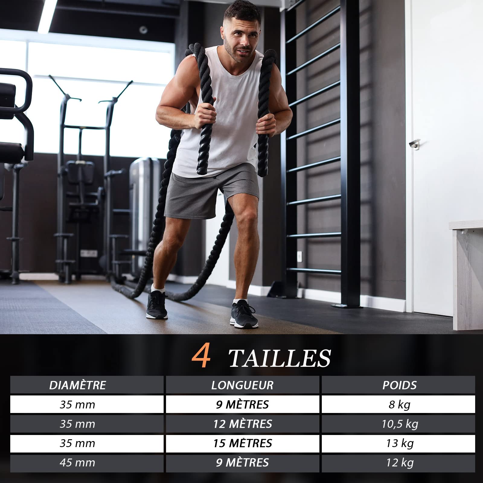 COSTWAY Battle Rope, Corde d'entrainement Ondulatoire en Polyester avec Kit de Sangles de Fixation et Manchon de Protection, pour Musculation et Sport à Domicile