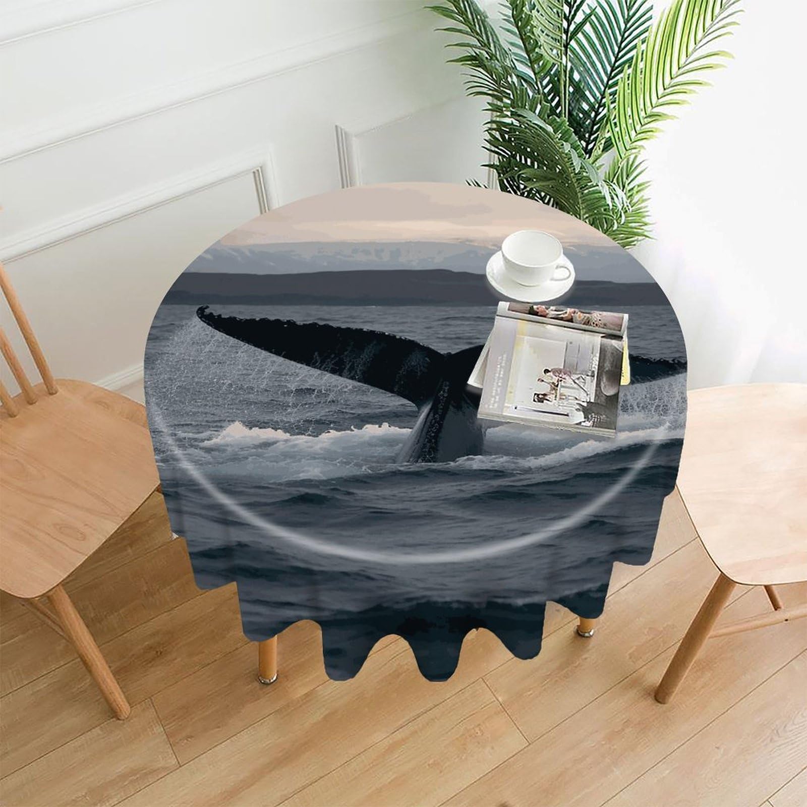 FekiLoot Round Humpback Whale Tail Ocean Tablecloth Decorative Fabric Table Cloth Wrinkle Free Circle Dining Tablecover Washable Polyester Table Cover for Holiday Dinner Party Decor 60"