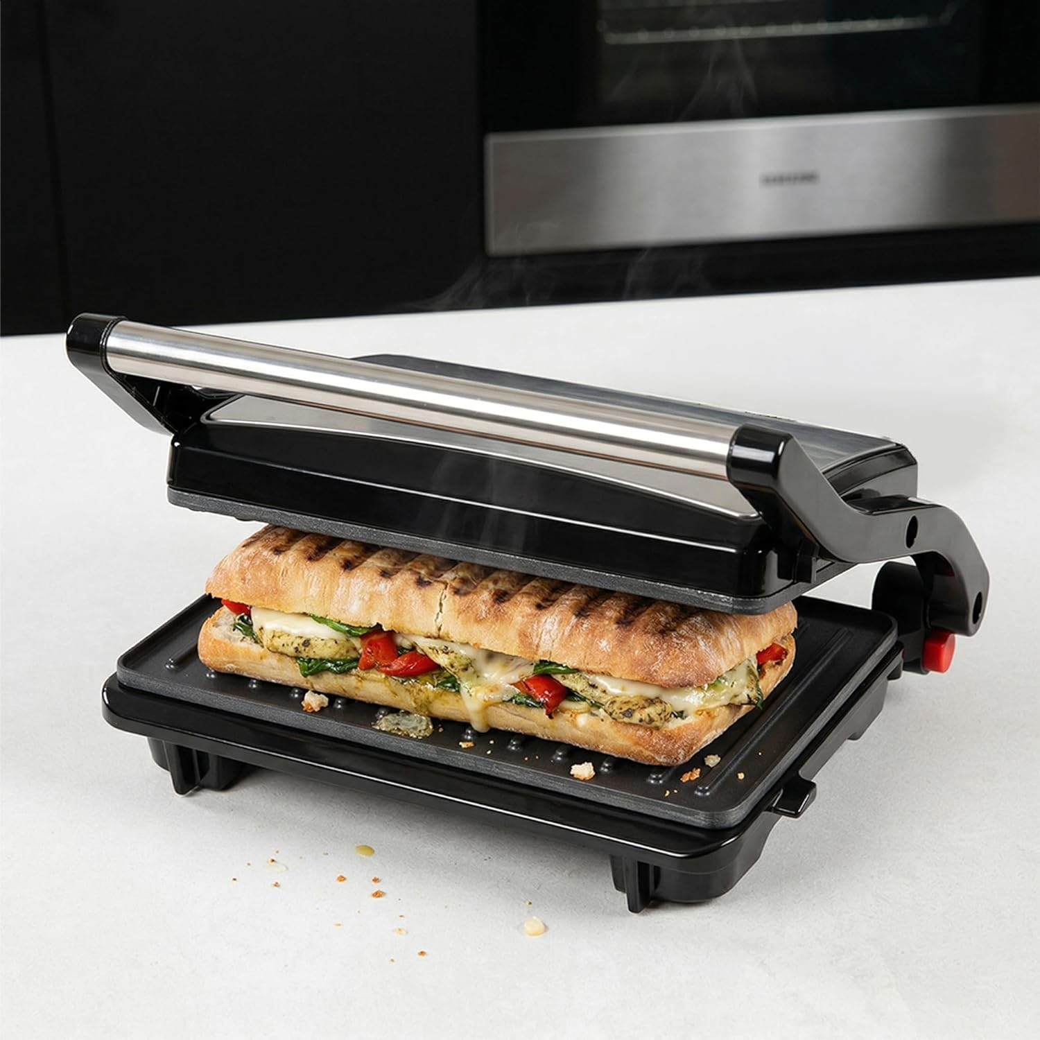 Alpha Living Electric Griddle Panini Press Sandwich Maker – Stainless Steel Panini Grill Press Sandwich Maker with Aluminum Griddle – Non-Stick Coating – 180-Degree Hinge for Thick and Thin Foods