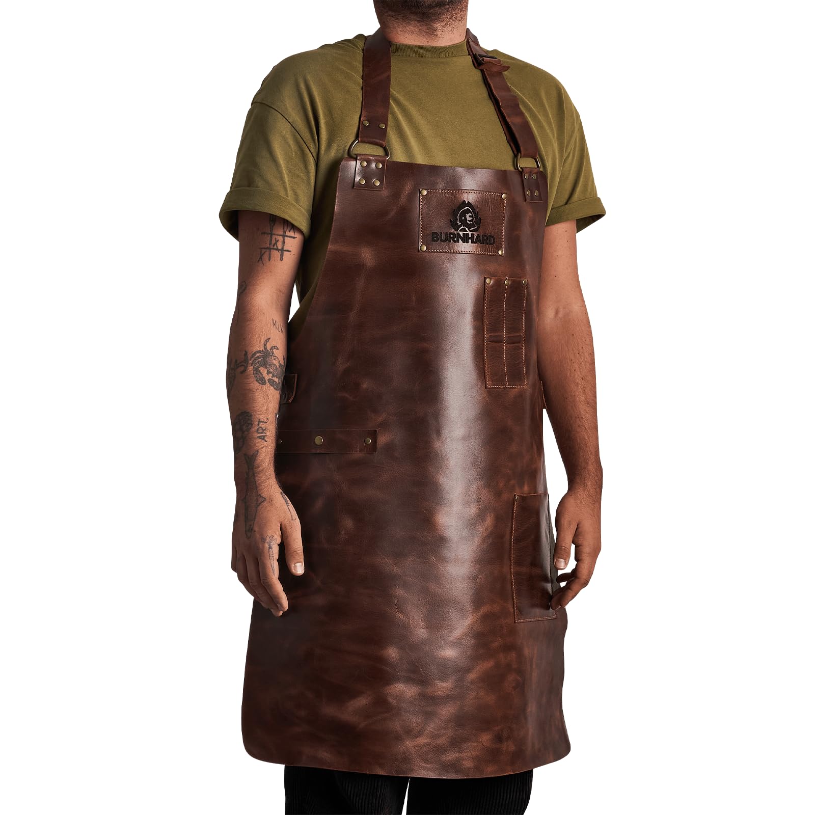 BURNHARD Delantal de cuero 100% piel de búfalo, hecho a mano, 2 bolsillos, correas laterales, acolchado de cuello, correa ajustable – Delantal Pro BBQ
