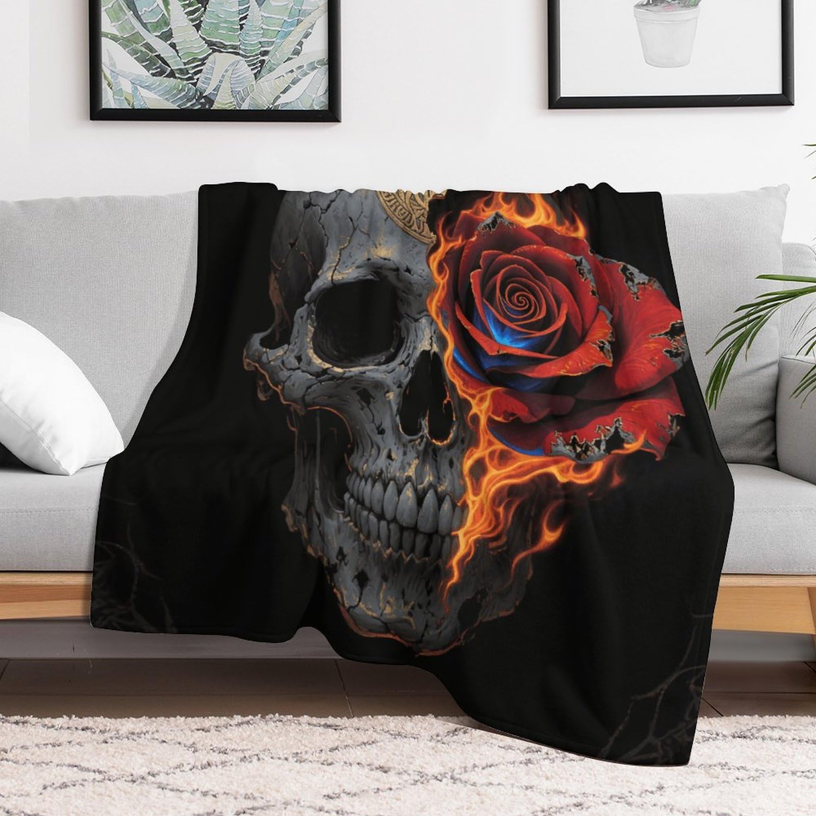 Custom Gothic Skull and Black Rose Blanket Lightweight Flannel Fleece Throw for Couch Sofa Bed Luxury Soft Cozy Plush Lap Bedtime Blanket for All Seasons Bedroom Home Decor Gifts 50x60