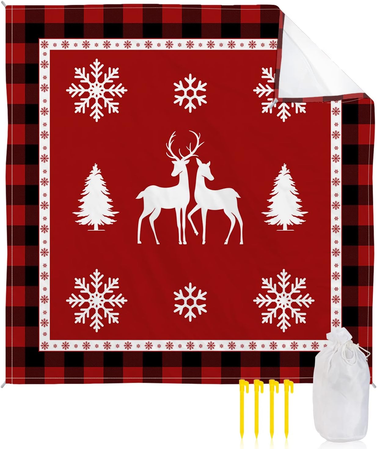 Christmas Retro Elk and Snowflake Beach Blanket Waterproof Sandproof Outdoor Picnic Mat 108"x84" Forest Animal Buffalo Checkered Lightweight Large Beaach Blankets with 4 Stake & 4 Corner Pockets