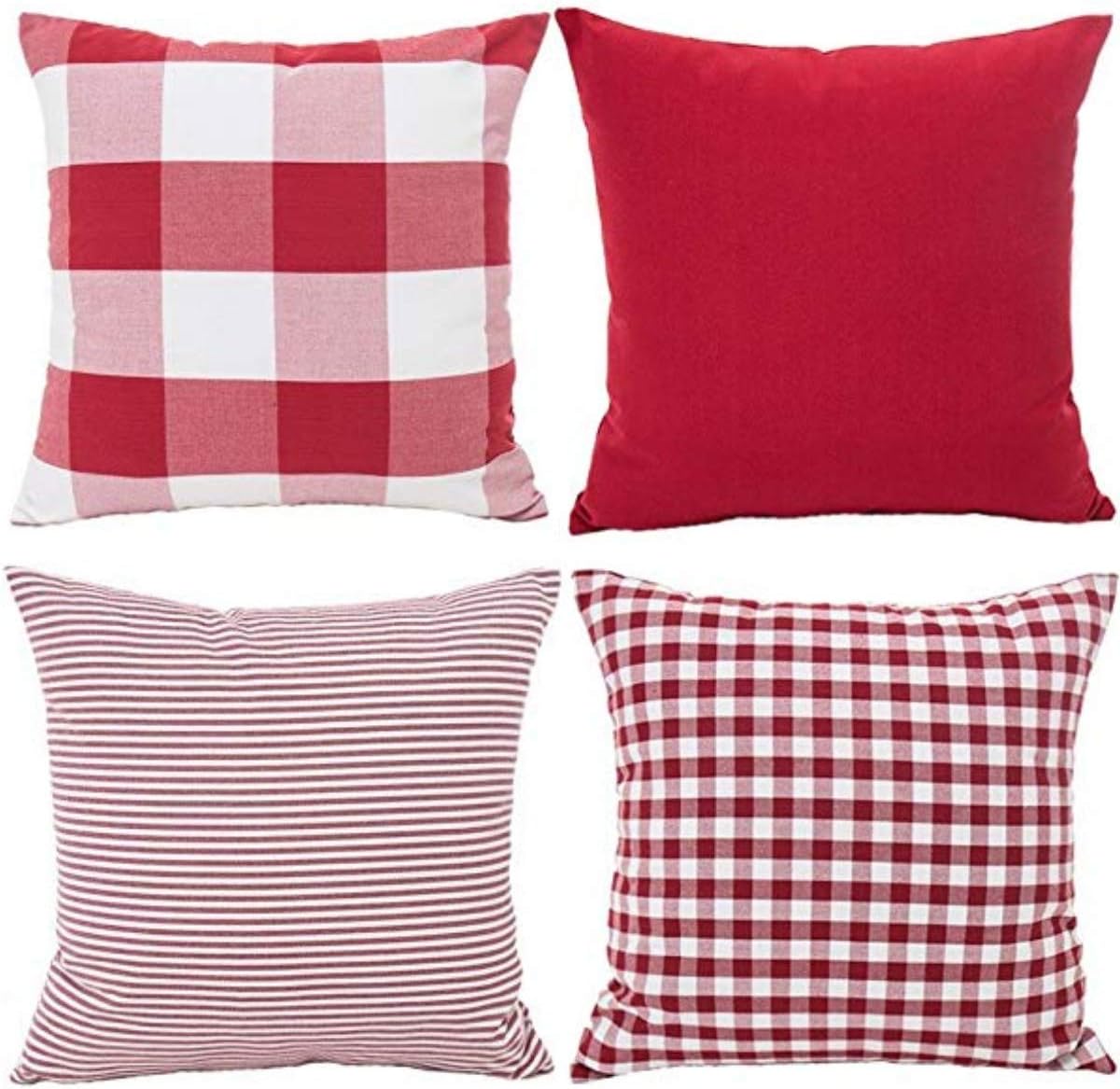NIUIEME Christmas Throw pillow Covers,Set Of 4 Decorative Square Cushion Case for Sofa，18 x 18 Inch，red series:plaid，pure red，stripe and smaller plaid (RED WHITE)