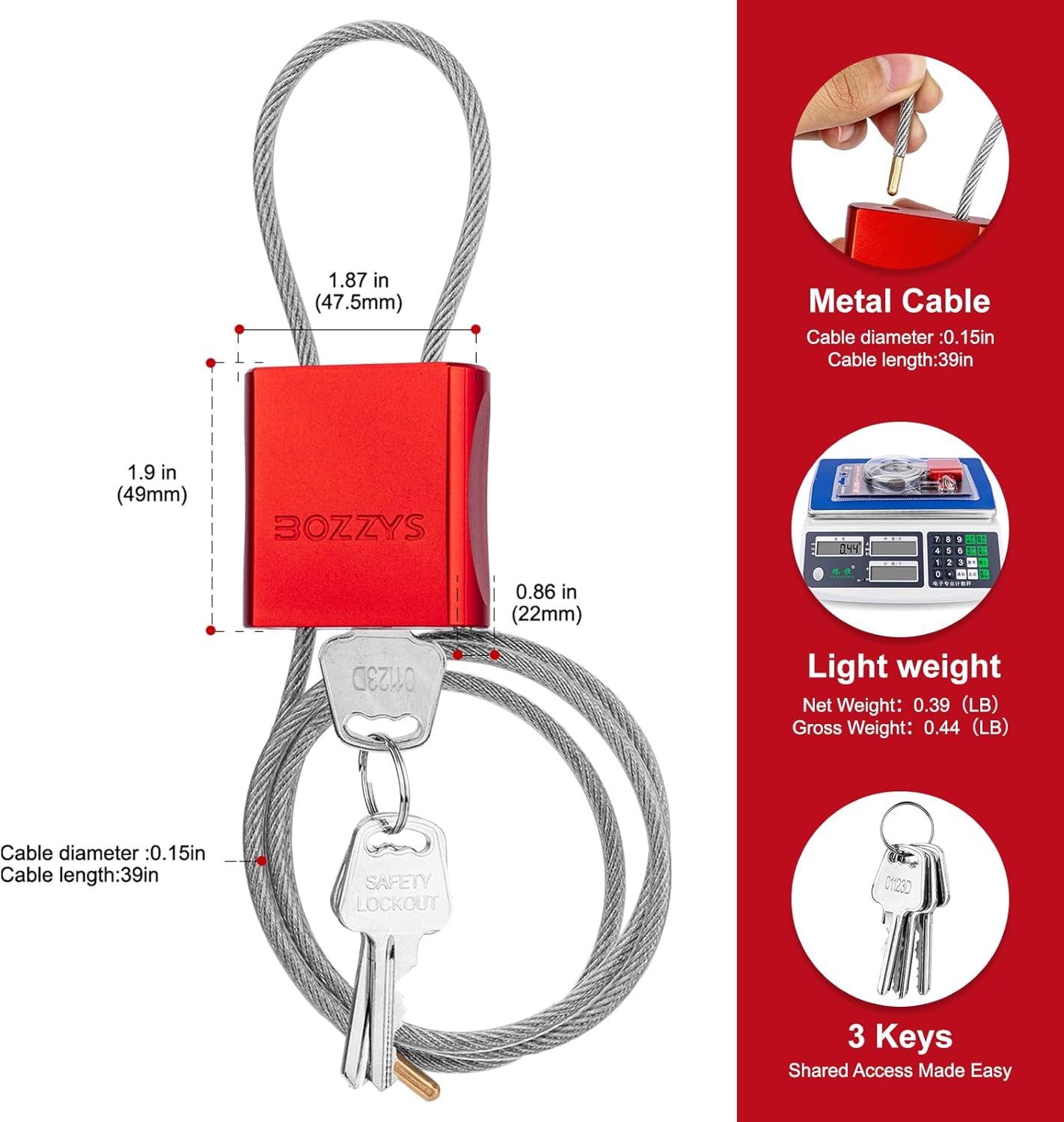 Cable Locks 3-Pack | Keyed Alike Adjustable Cable Padlock｜Len 3.28ft(1m) with 6 Same Keys/Set for Bikes, Gate, Lockers, Gun & Outdoor Gear | Weatherproof & Red