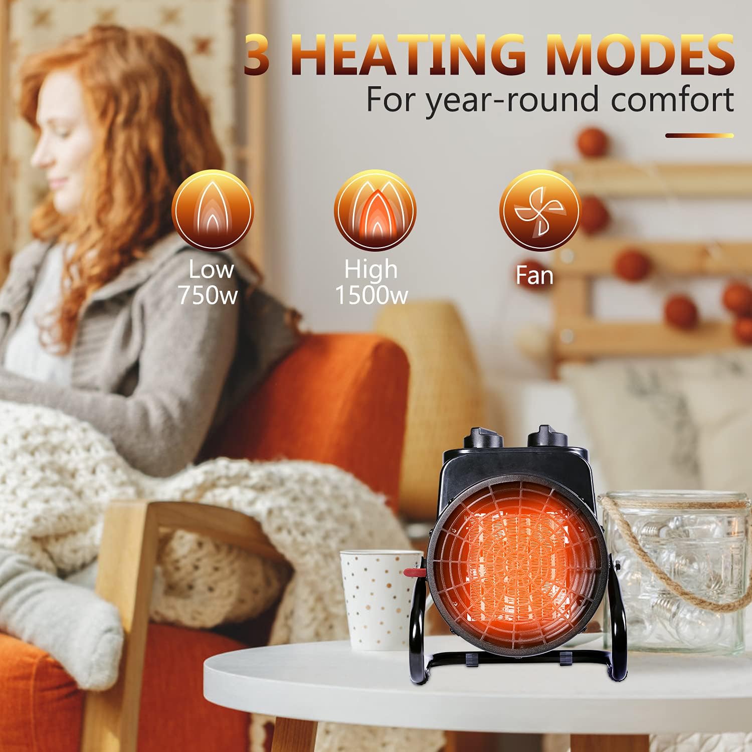 Electric Portable Space Heater, Electric Forced Air Heater with 3 Modes, 1500W Ceramic Space Heater with Adjustable Thermostat, Durable & Safe Space Heater Indoor Use, Sunday Living : Home & Kitchen