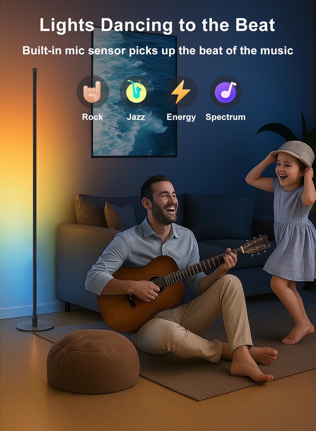 Lámpara de pie de esquina, lámpara de esquina LED inteligente RGBICW con aplicación y control remoto, 16 millones de colores de bricolaje, sincronización de música, lámpara de pie LED moderna 4