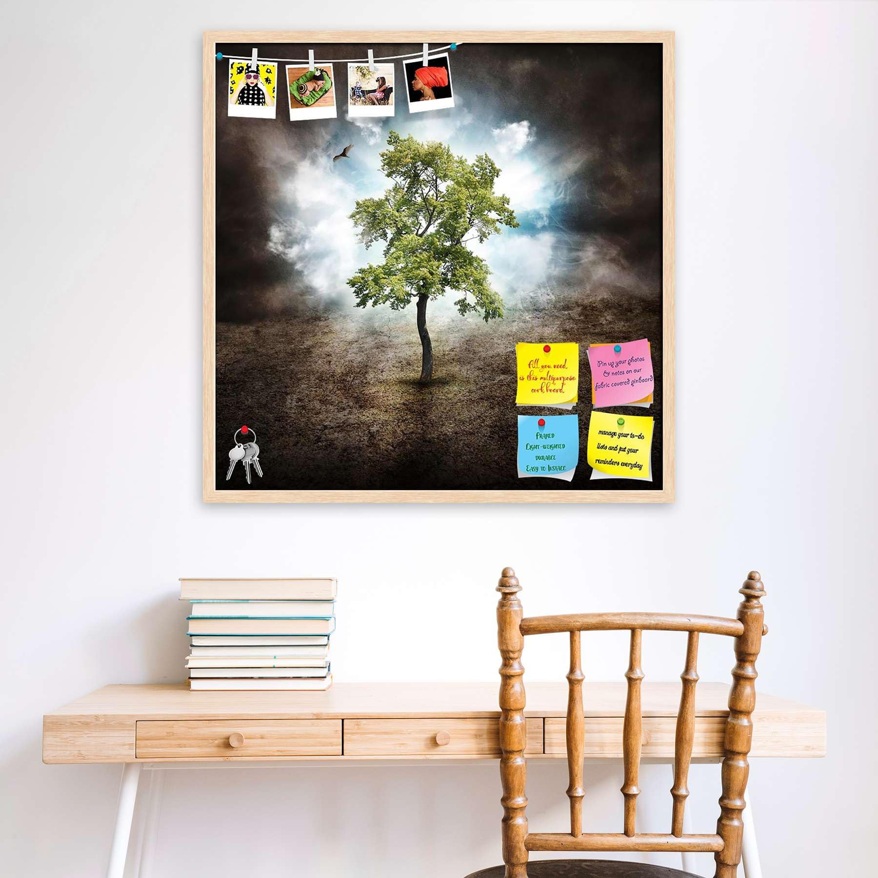 ArtzFolio Lonely Tree in the Woods, Dream or Nature Concept | Bulletin Board Notice Pin Board | Vision Soft Board with Thumb Push Pins & Sticky Notes | Natural Brown Frame | 12 x 12 inch (30 x 30 cms)
