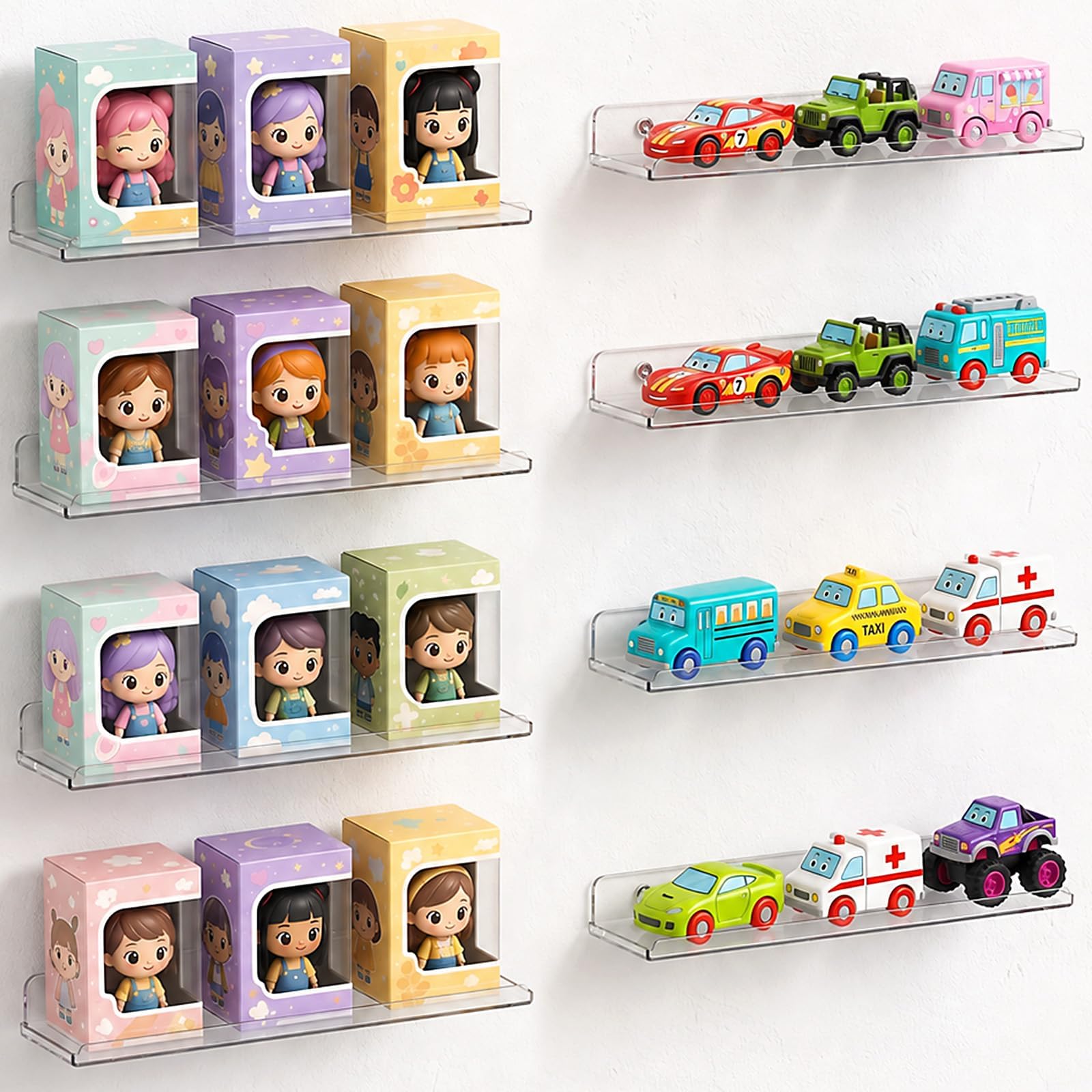 Lifewit Floating Shelves for Wall, Acrylic Display Shelf Wall Mounted for Figure, Car, Art, Book, 14" Perfume Organizer for Bathroom, Bedroom, Living Room, Nursery, Home Decor, Clear, 8 Pack