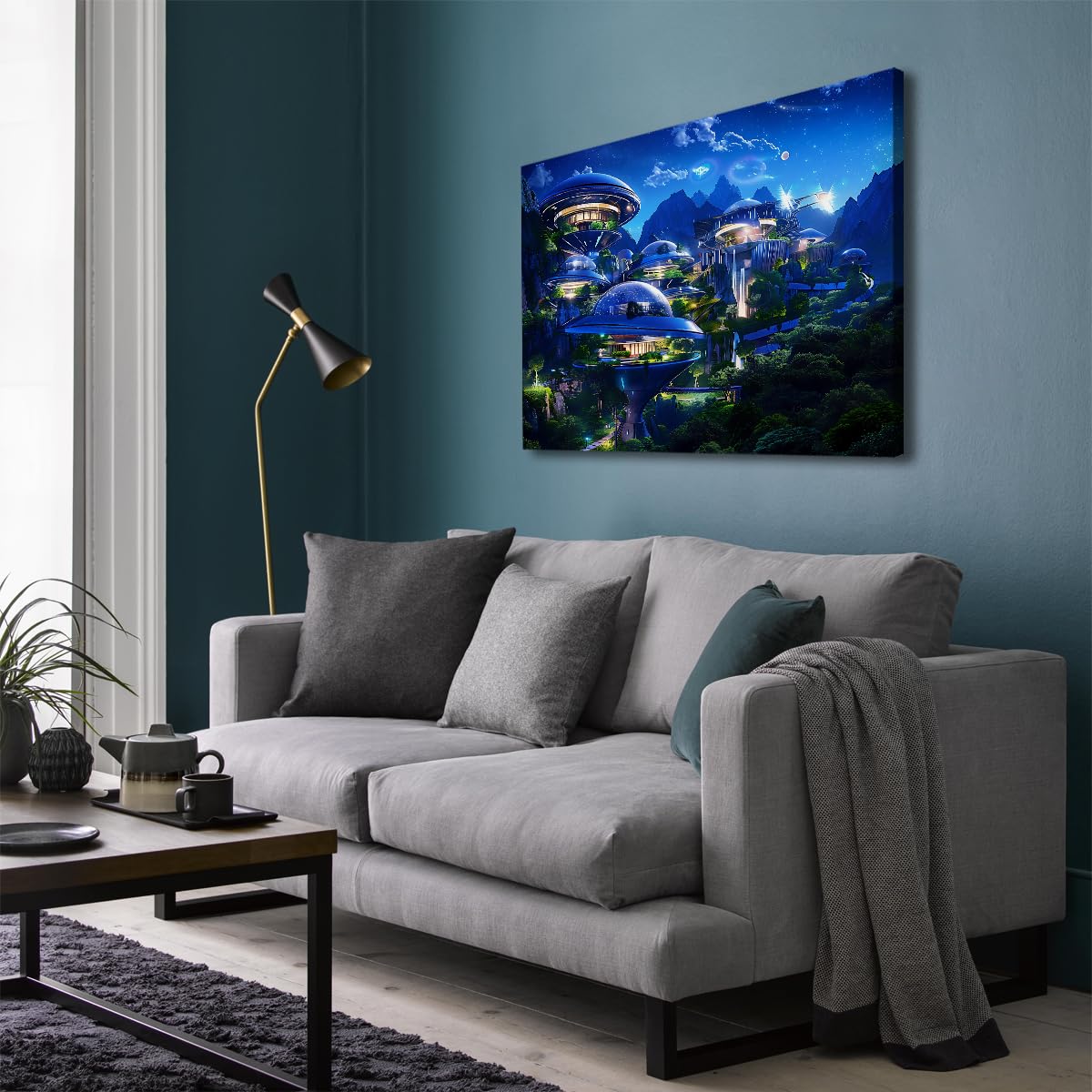 Via Vela Ciencia ficción futurista lienzo de la ciudad de montaña arte mural carteles de arquitectura pintura de paisajes urbanos mural grabado para decoración del salón 75x100cm