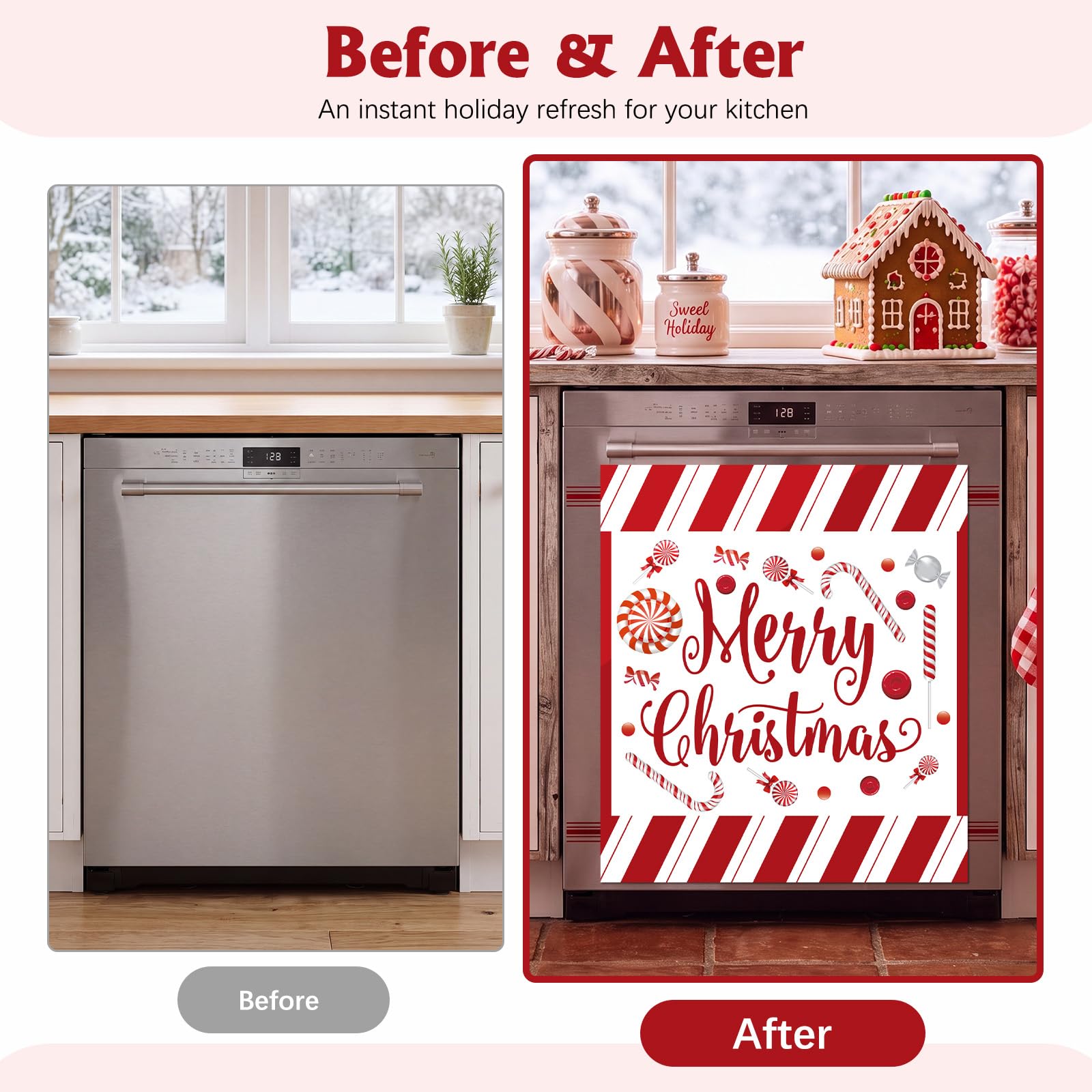 Kingdder Housse magnétique de Noël pour lave-vaisselle, 58,4 x 66 cm, décoration de Noël magnétique réutilisable pour lave-vaisselle, panneau avant de l'appareil de cuisine, rouge poivré