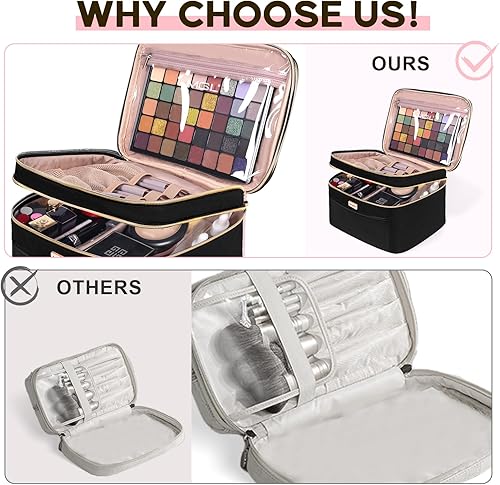 Miniatura 6 de BAFAMYE Bolsa de maquillaje de viaje de doble capa para mujer, estuche grande para cosméticos, organizador para accesorios de tamaño de viaje,