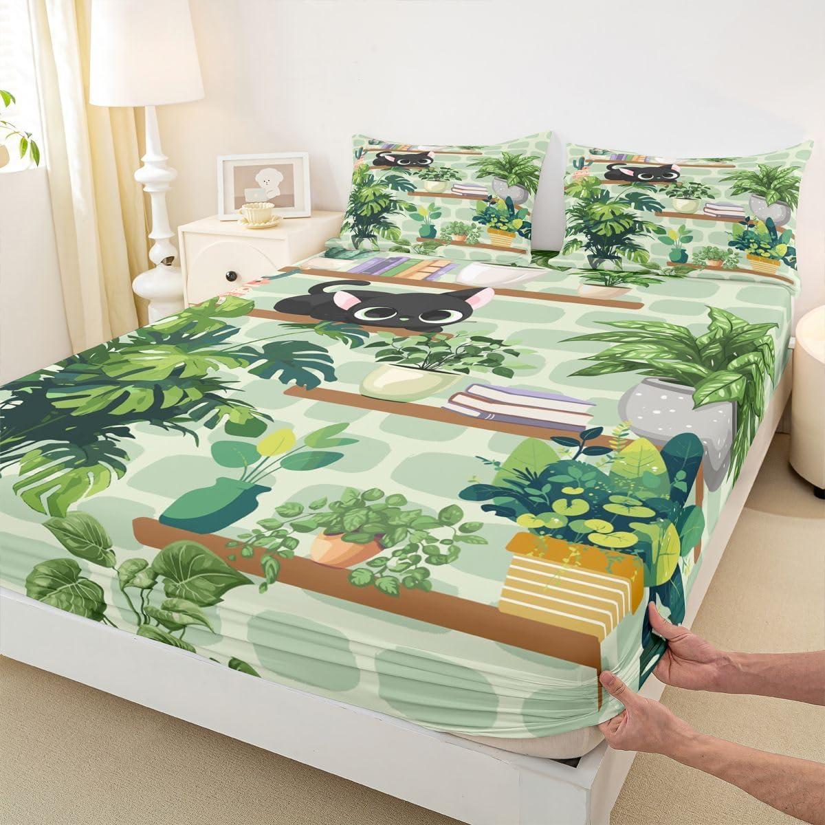 Erosebridal Cartoon Cat Bed Sheets Full Flower Leaves Sheet Set, Pet Animal Paw Soft Lightweight Bedding Set, Green Garden Wildlife Fitted Sheet with Deep Pocket