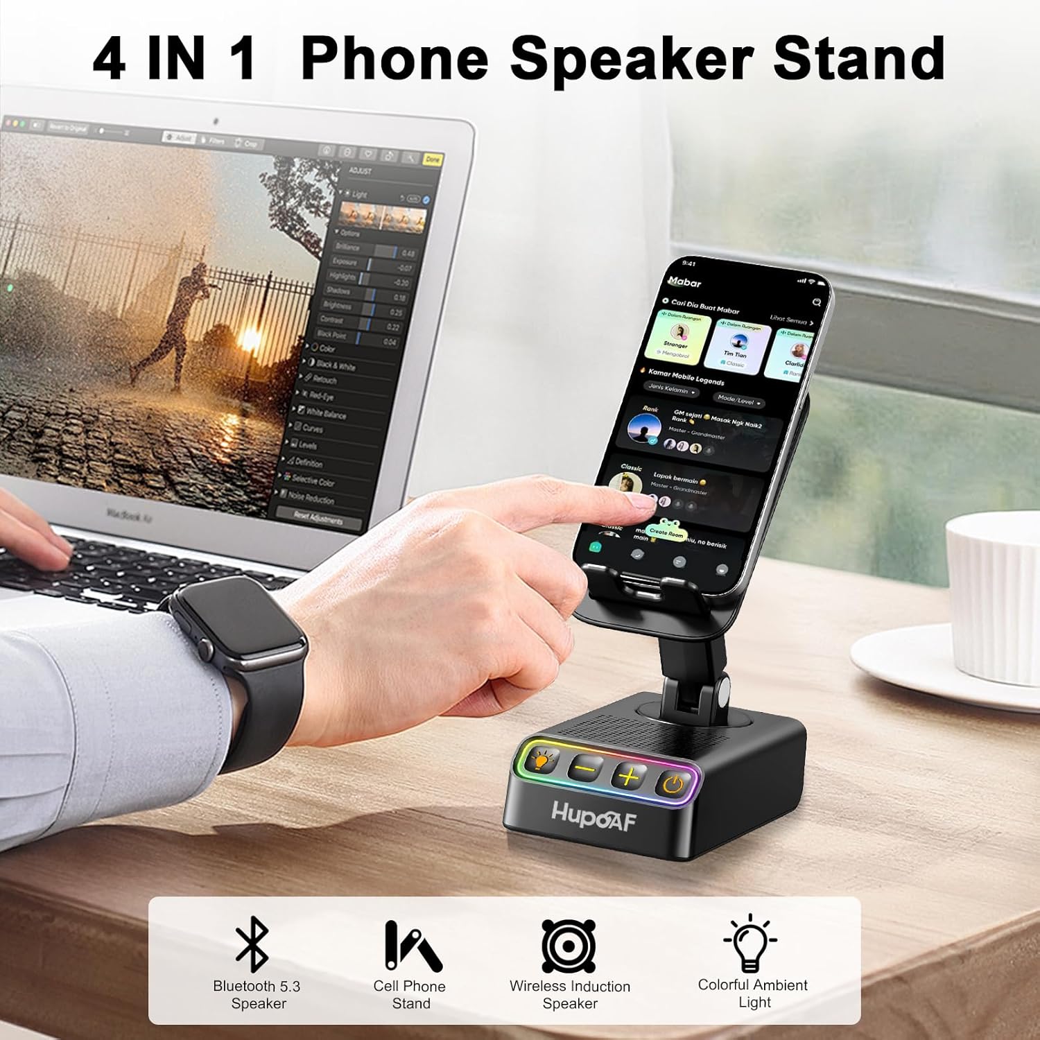 Adjustable Cell Phone Stand with Wireless Induction Bluetooth Speaker, HD Surround Sound for Home and Outdoors, Compatible with iPhone/Samsung Galaxy, 2026 Birthday Gifts for Men Women Dad Mom - Image 2