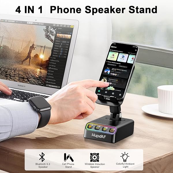 Hupoaf Adjustable Cell Phone Stand with Wireless Induction Bluetooth Speaker, HD Surround Sound for Home and Outdoors, Compatible with iPhone/Samsung Galaxy, 2026 Birthday Gifts for Men Women Dad Mom - 2