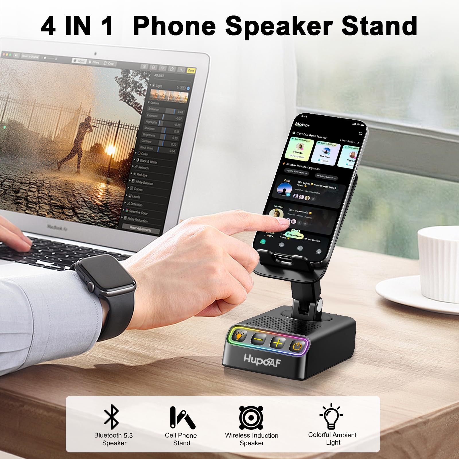 Hupoaf Adjustable Cell Phone Stand with Wireless Induction Bluetooth Speaker, HD Surround Sound for Home and Outdoors, Compatible with iPhone/Samsung Galaxy, 2026 Birthday Gifts for Men Women Dad Mom — view 2
