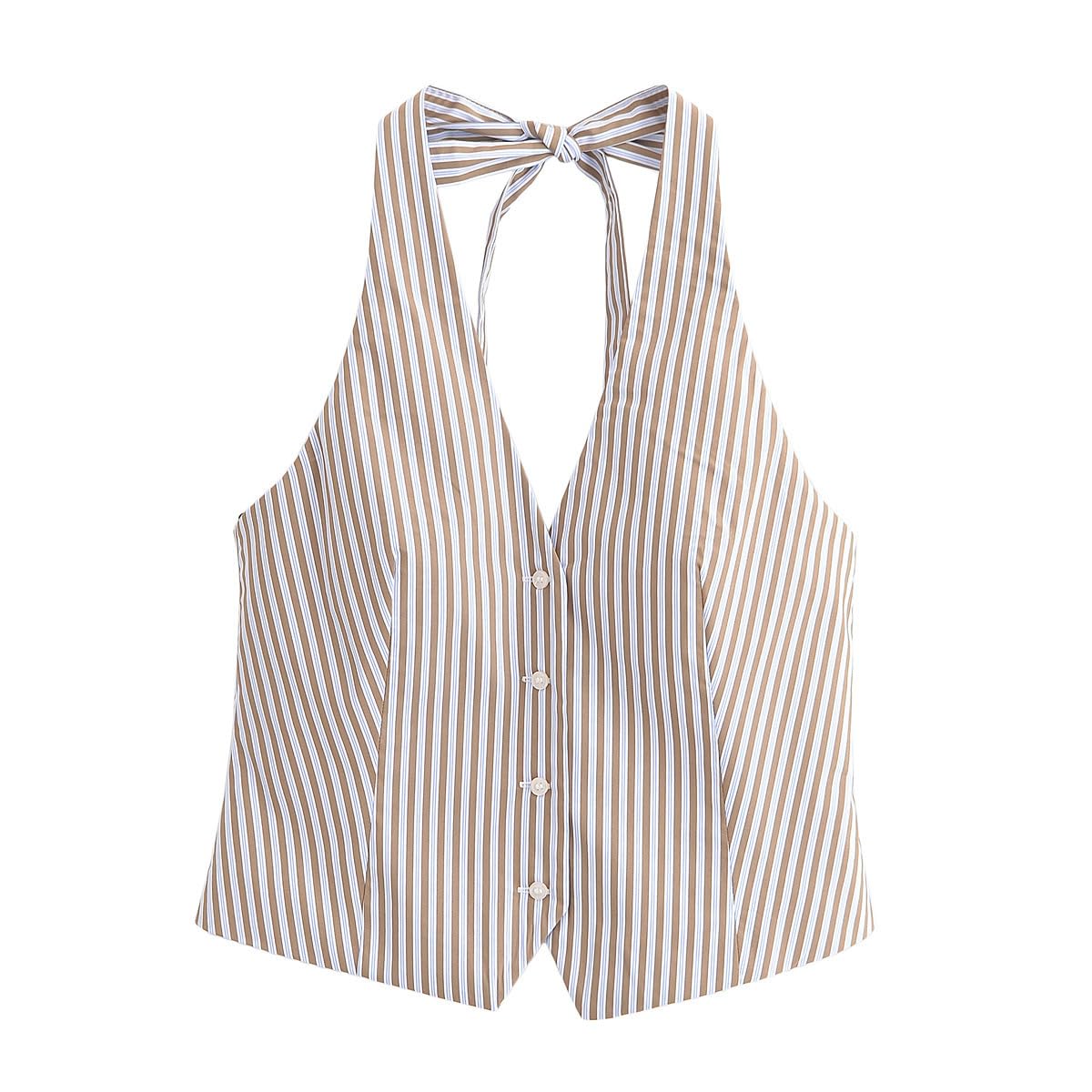 fizzoqi Women’s Striped Halter Neck Vest Crop Top Sleeveless Backless Slim Fit with Button | Beige | L-picture-47