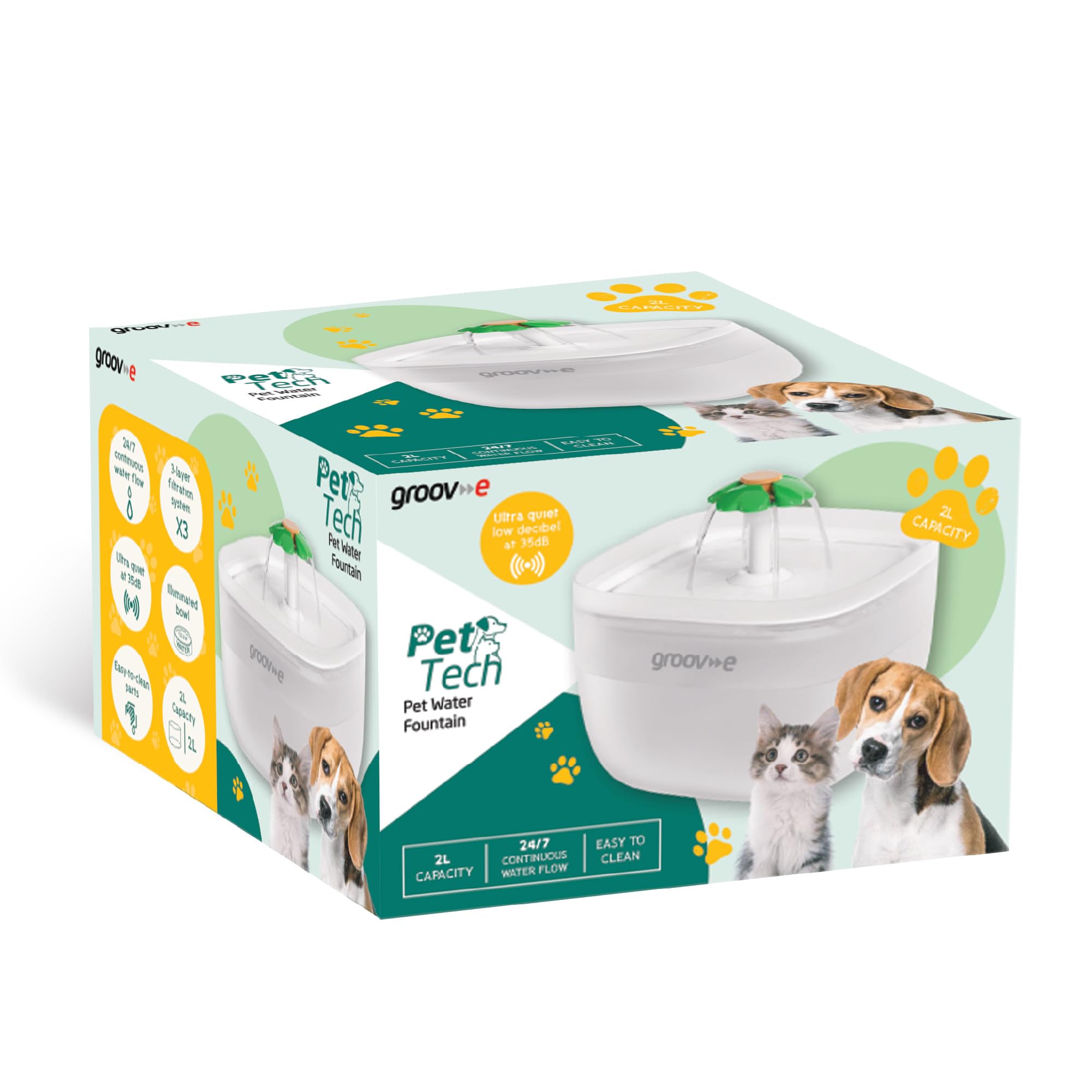 Groov-e Pet-Tech Fontaine à eau pour animaux de compagnie – Distributeur d'eau automatique pour chat et chien, réservoir de 2 L, débit silencieux, filtration à 4 couches, bol lumineux, design facile à