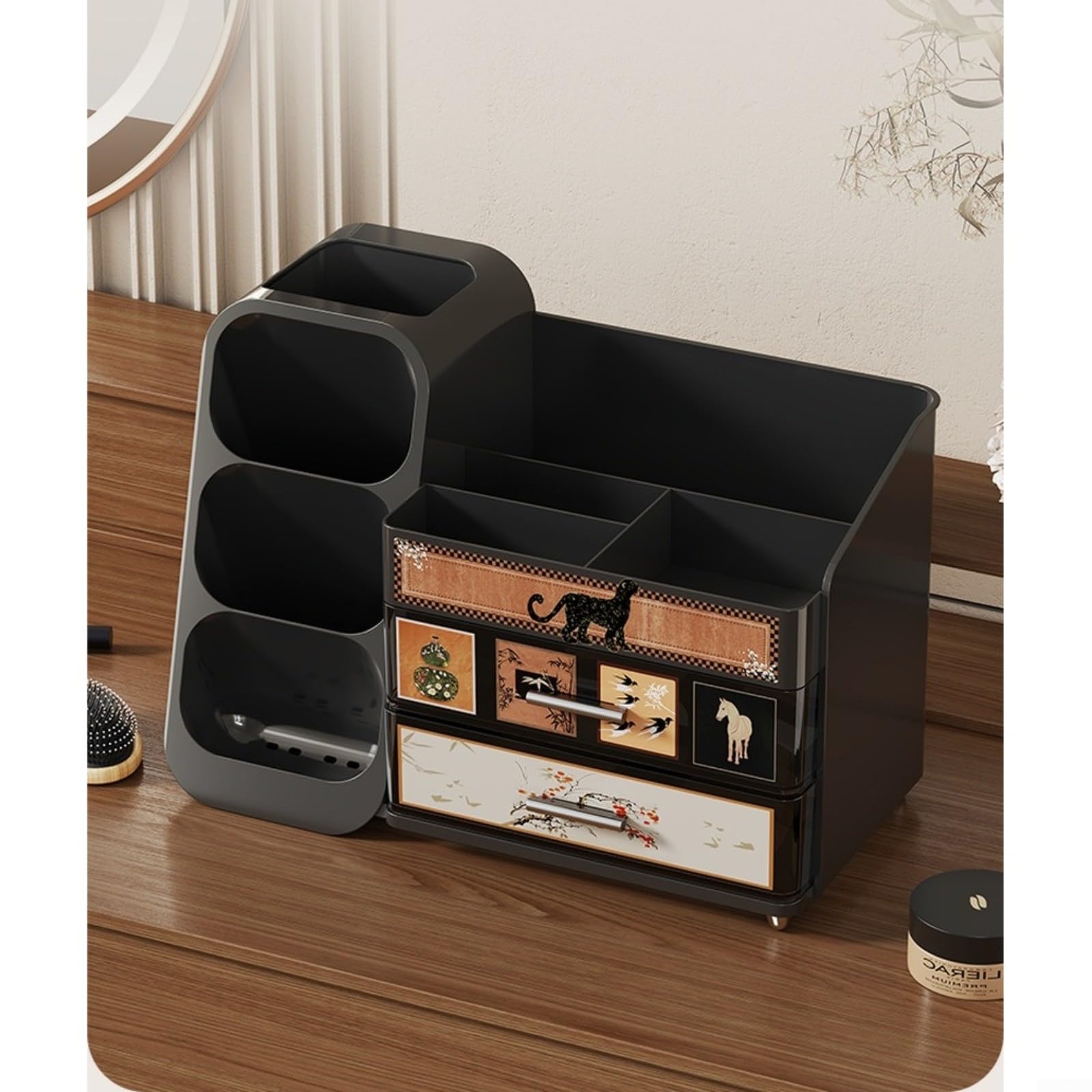 Caja organizadora de cosméticos con cajones, diseño en capas para pintalabios, perfumes y cepillos, caja de tocador de escritorio con vista clara, 35 x 19 x 25 cm (B)