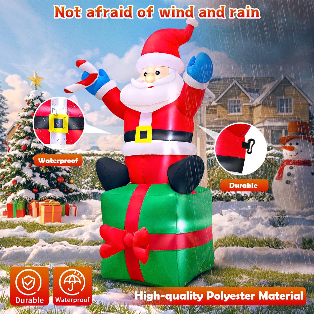 KOOY Père Noël gonflable de 1,8 m assis sur une boîte cadeau, décoration de jardin gonflable, lumières LED pour fête de Noël, décoration de pelouse extérieure