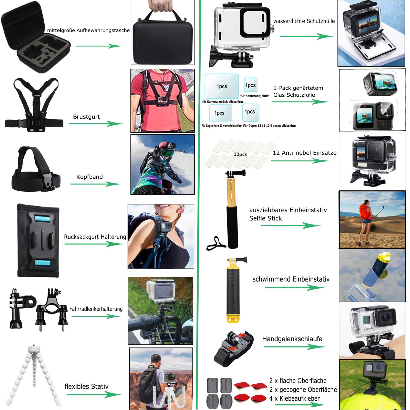 Actionkamera Zubehörset für Gopro Hero 13 12 11 10 9 Black Essentielles Actionkamera-Zubehörkit-Bündel für Gopro 13 12 11 10 9 (DT16)