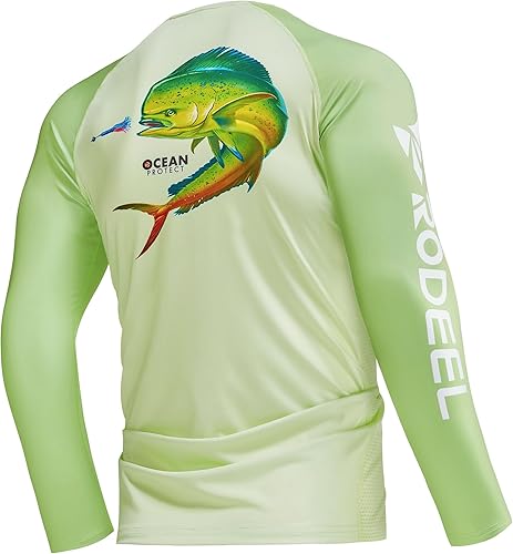 Rodeel Camisas de pesca para hombre de manga larga que absorbe la tela UPF 50 protección solar camisa de rendimiento